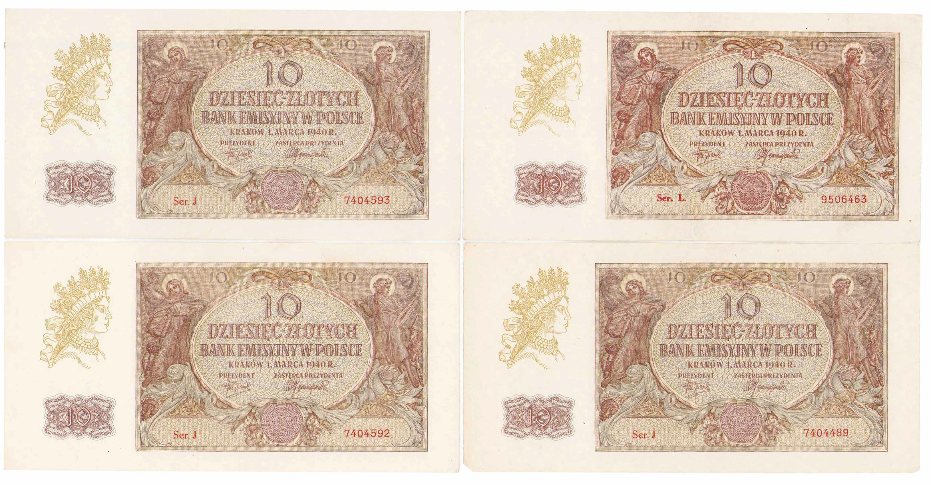 10 złotych 1940 seria J i L, 4 sztuki 