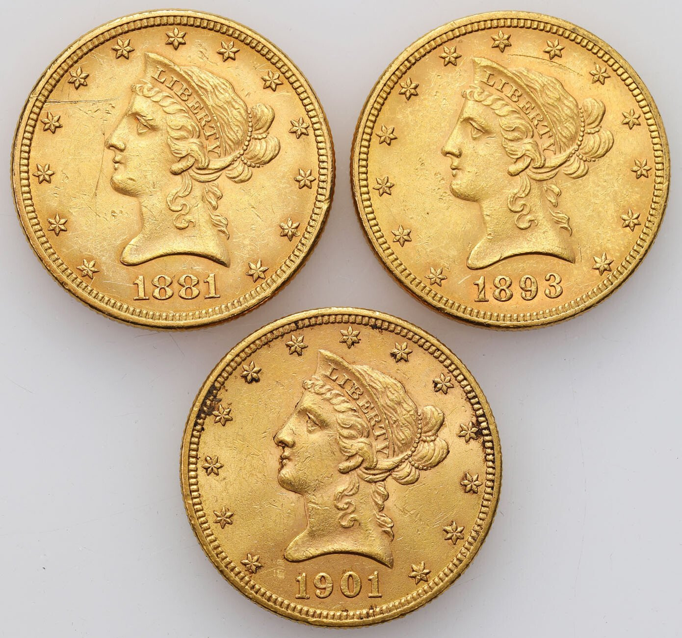 USA. 10 dolarów 1881, 1893, 1901, Filadelfia, zestaw 3 monet 