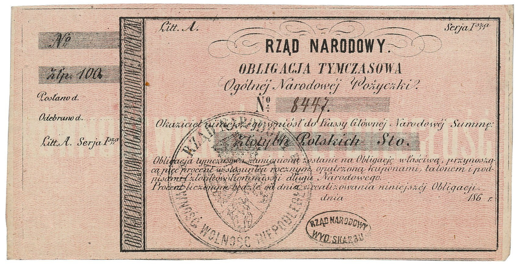 Powstanie Styczniowe. 1863 obligacja 100 złotych, lit. A