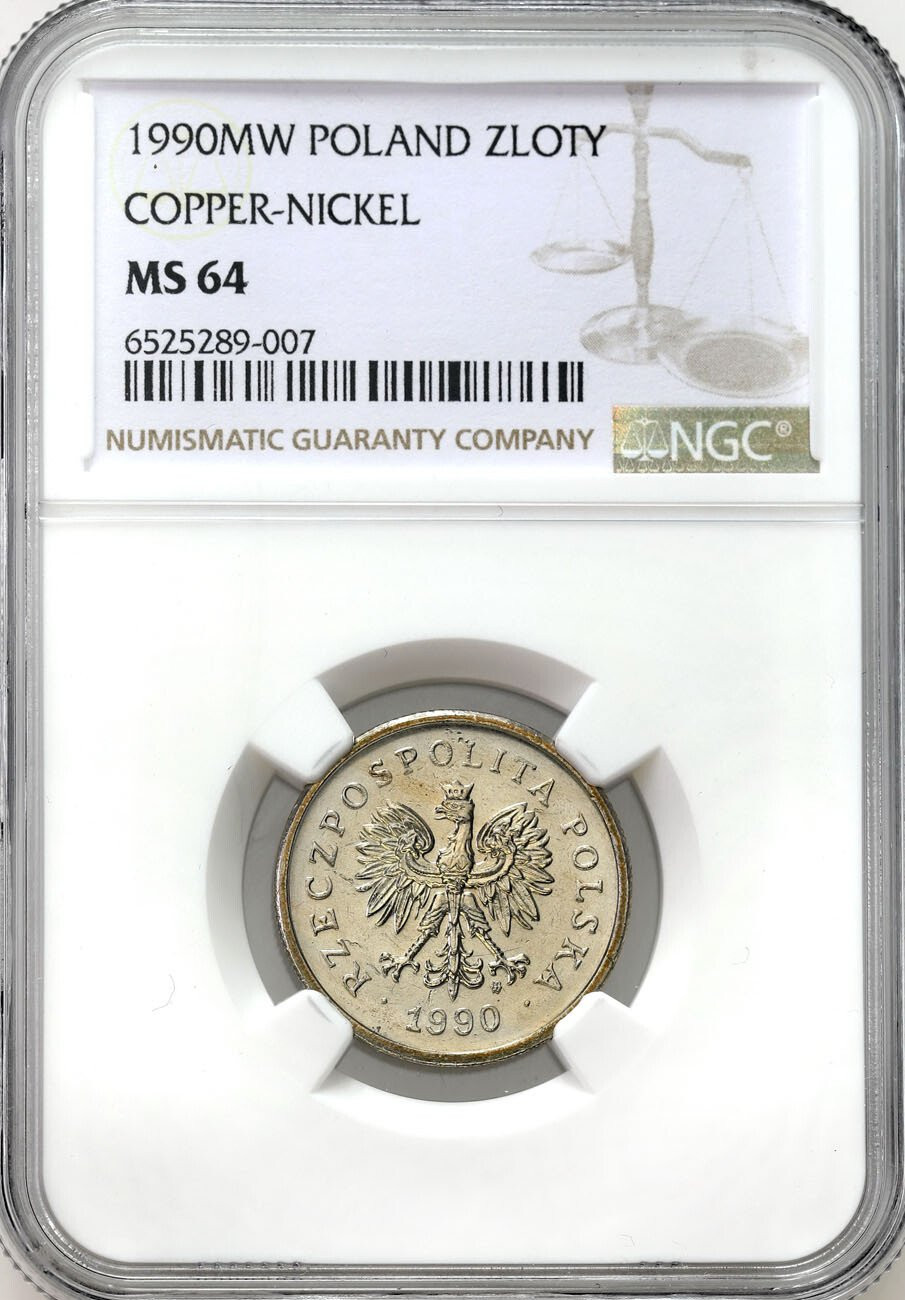 III RP. 1 złoty 1990 NGC MS64 – PIĘKNE