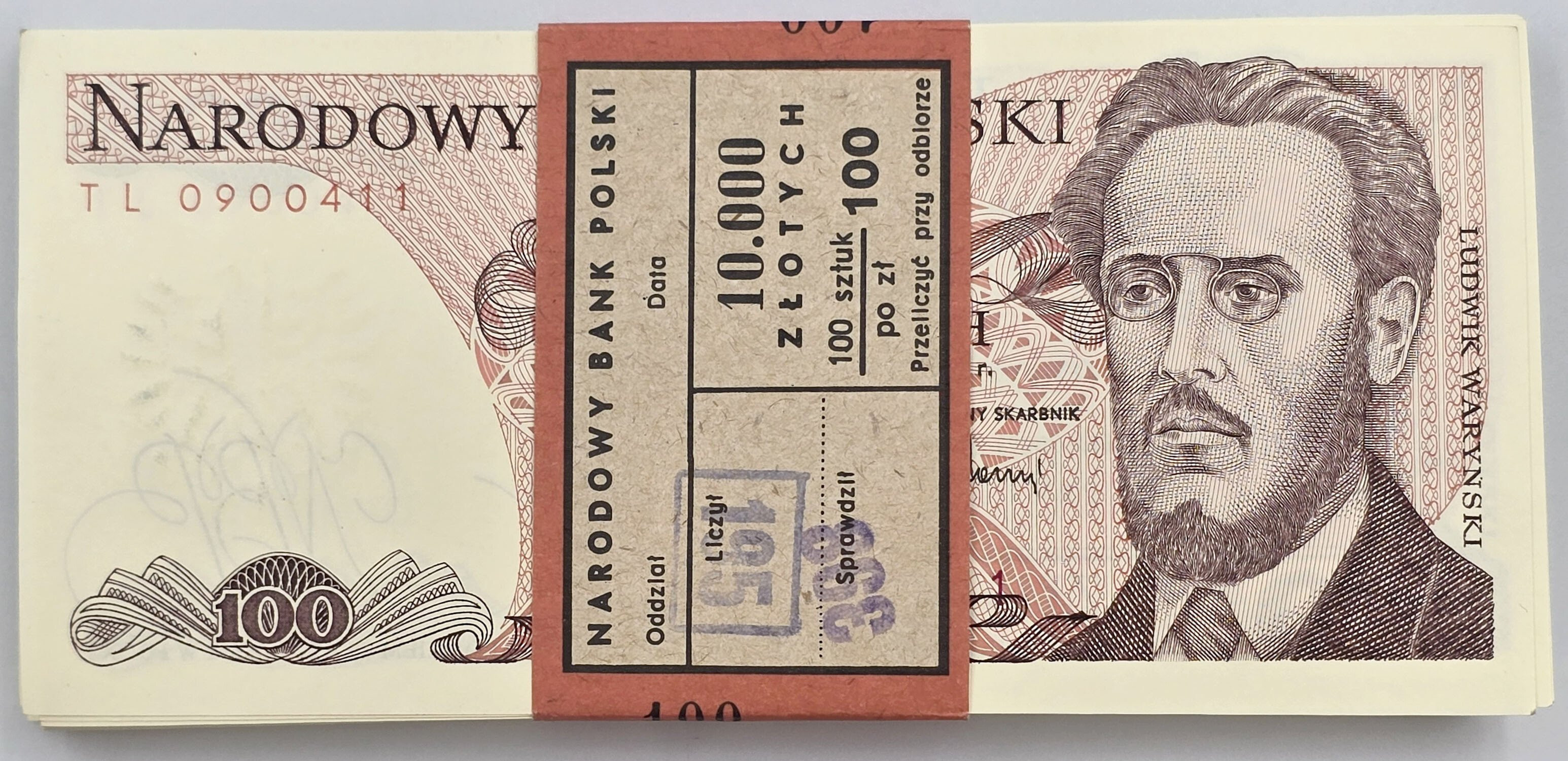PRL. 100 złotych 1988 Waryński seria TL, zestaw 100 sztuk - PACZKA BANKOWA