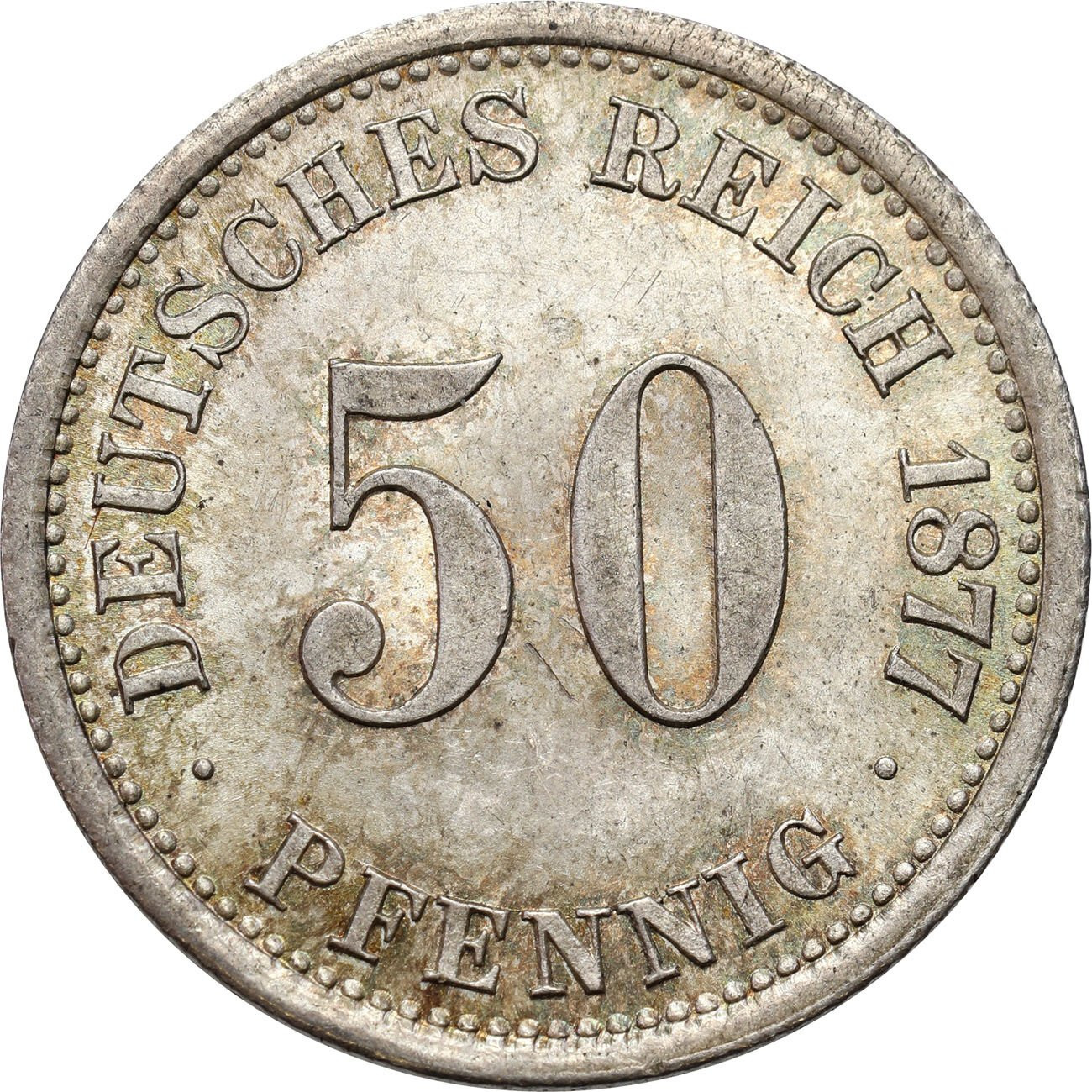 Niemcy, Cesarstwo Niemieckie. 50 fenigów 1877 D, Monachium – WYŚMIIENITE i RZADKIE 