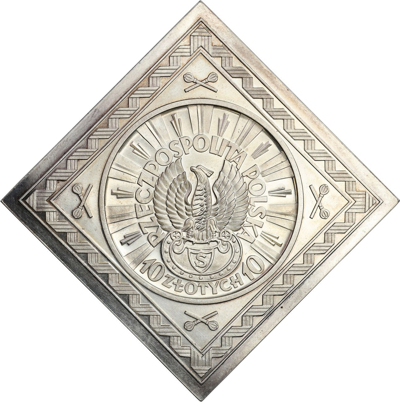 II RP. PRÓBA srebro KLIPA 10 złotych 1934, Piłsudski orzeł strzelecki w oryginalnym pudełku