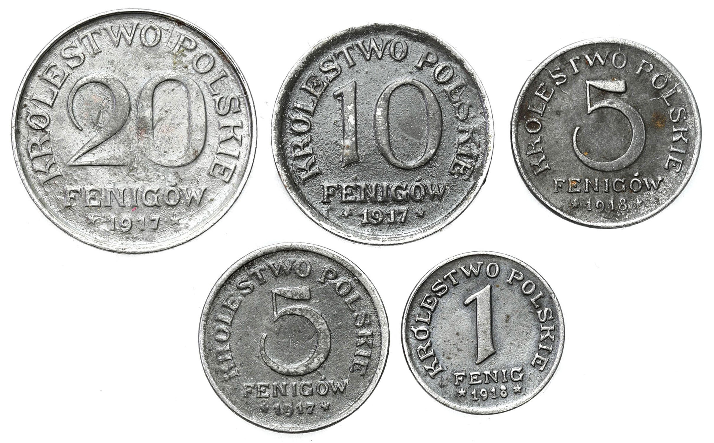 Królestwo Polskie. 1, 5, 10, 20 fenigów 1917-1918, zestaw 5 monet