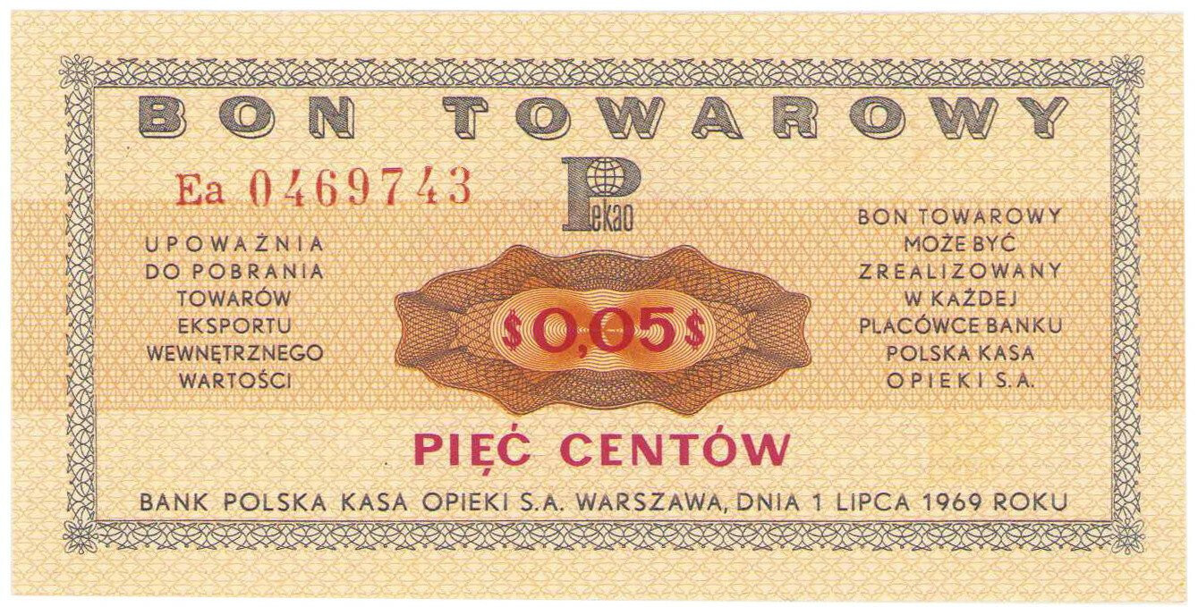 Bank PEKAO S.A. Bon na 5 centów 1969 seria Ea - PIĘKNE