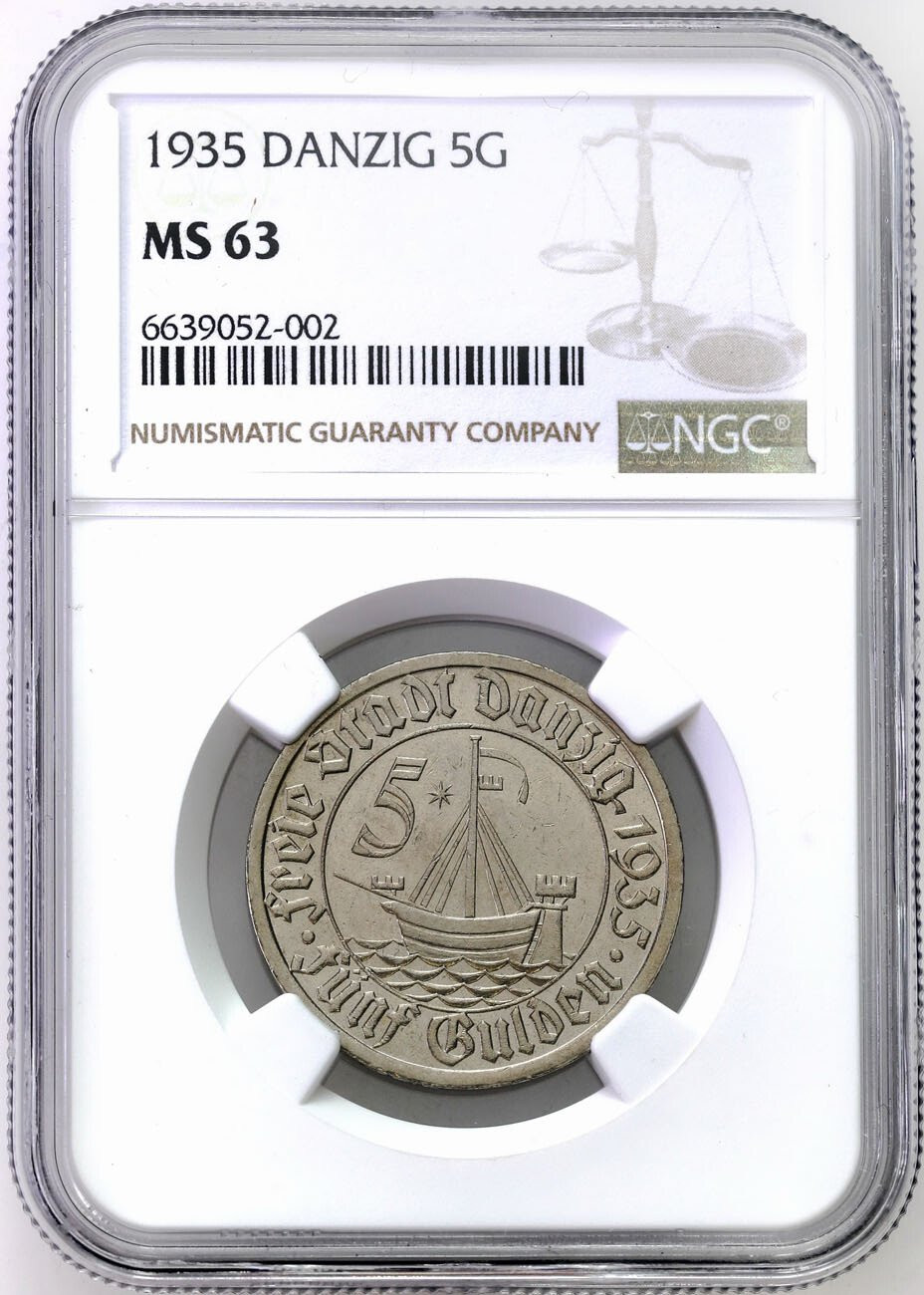 Wolne Miasto Gdańsk. 5 guldenów 1935 Koga NGC MS63 – WYŚMIENITE