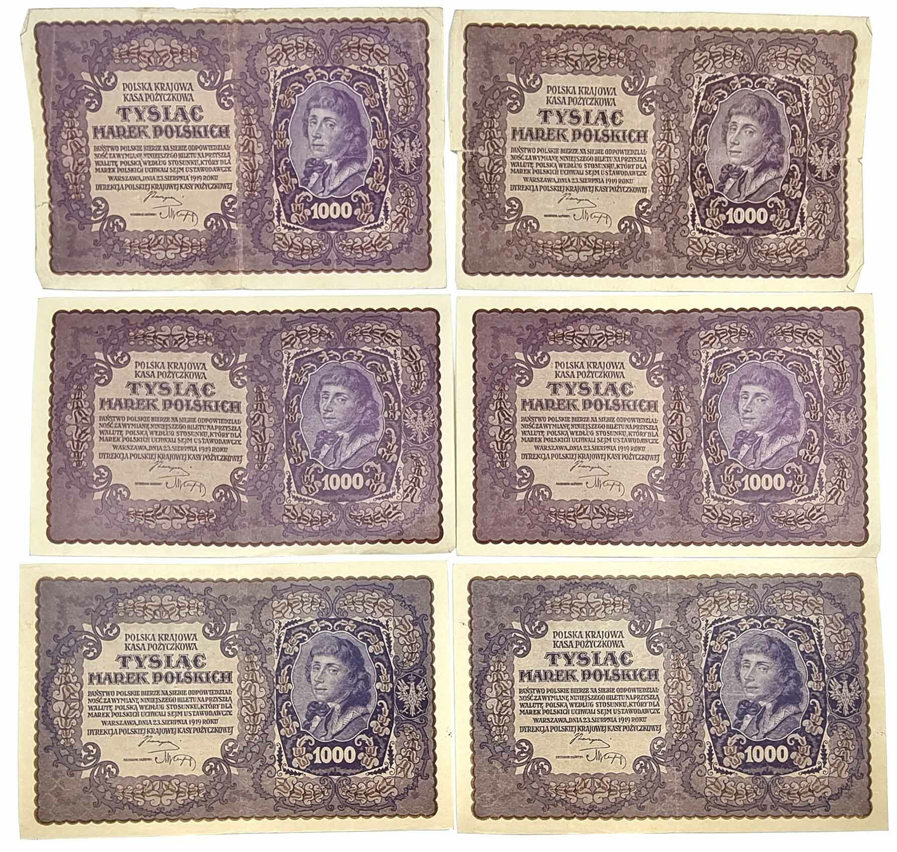 1.000 marek polskich 1919, różne serie, zestaw 6 banknotów