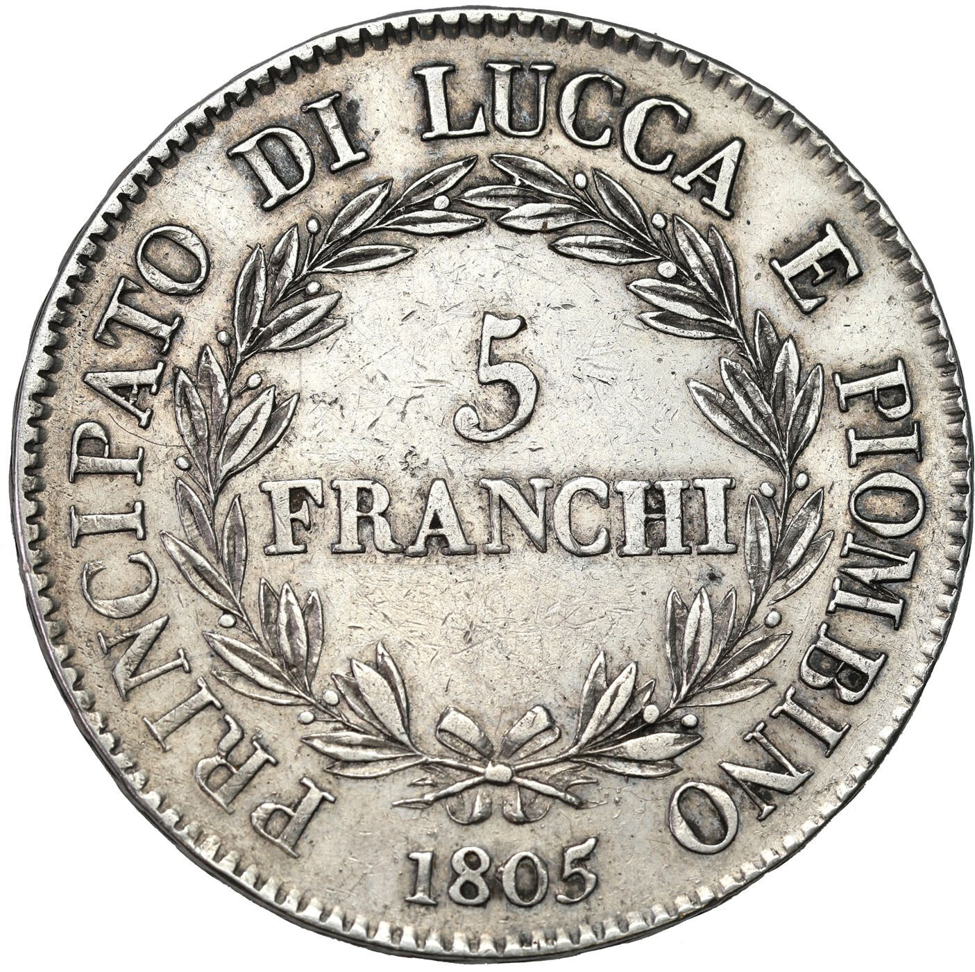 Włochy. Feliks Baiocchi i Eliza Bonaparte (1805-1814). 5 franchi 1805, Florencja – RZADKIE