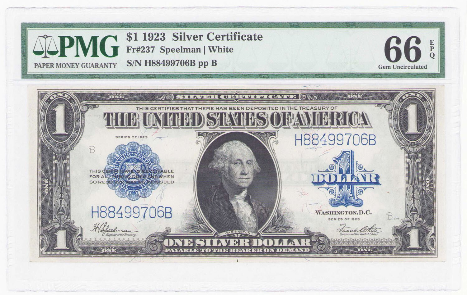 USA. 1 dolar 1923, seria H - niebieska pieczęć, PMG 66 EPQ - PIĘKNY