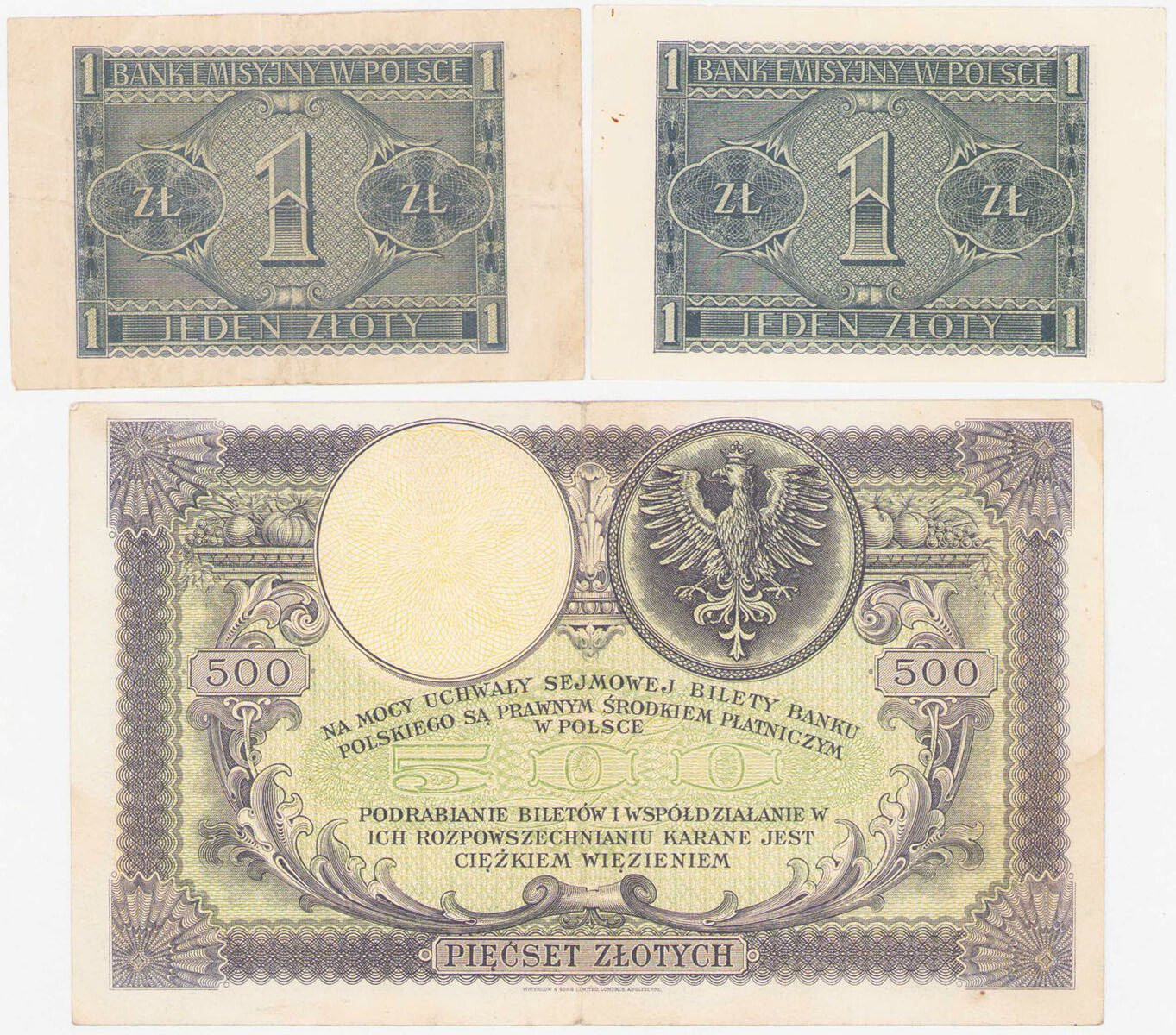 1 złoty 1941 i 500 złotych 1919, zestaw 3 banknotów