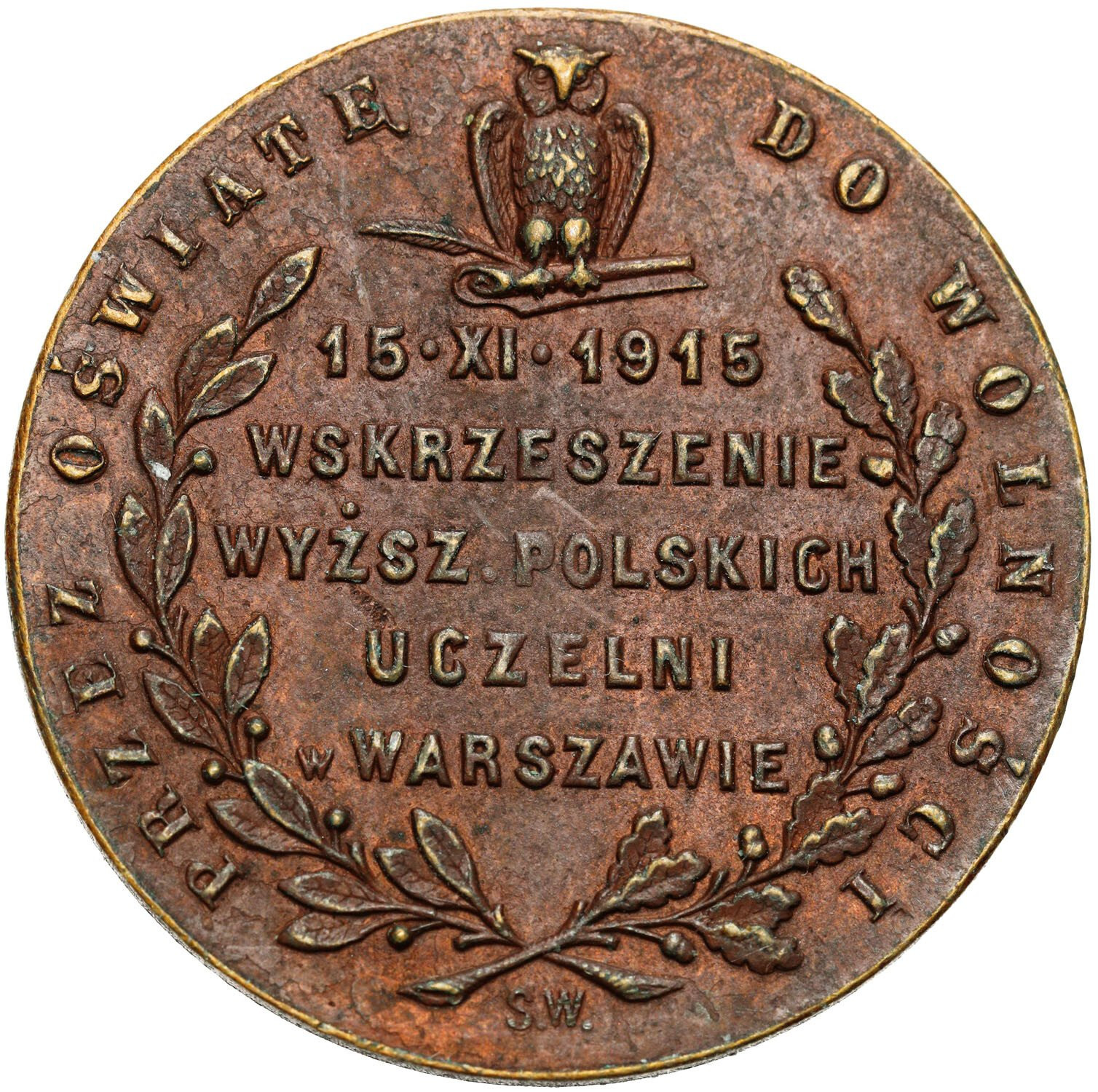 Medal. Otwarcie wyższych uczelni w Warszawie 1915