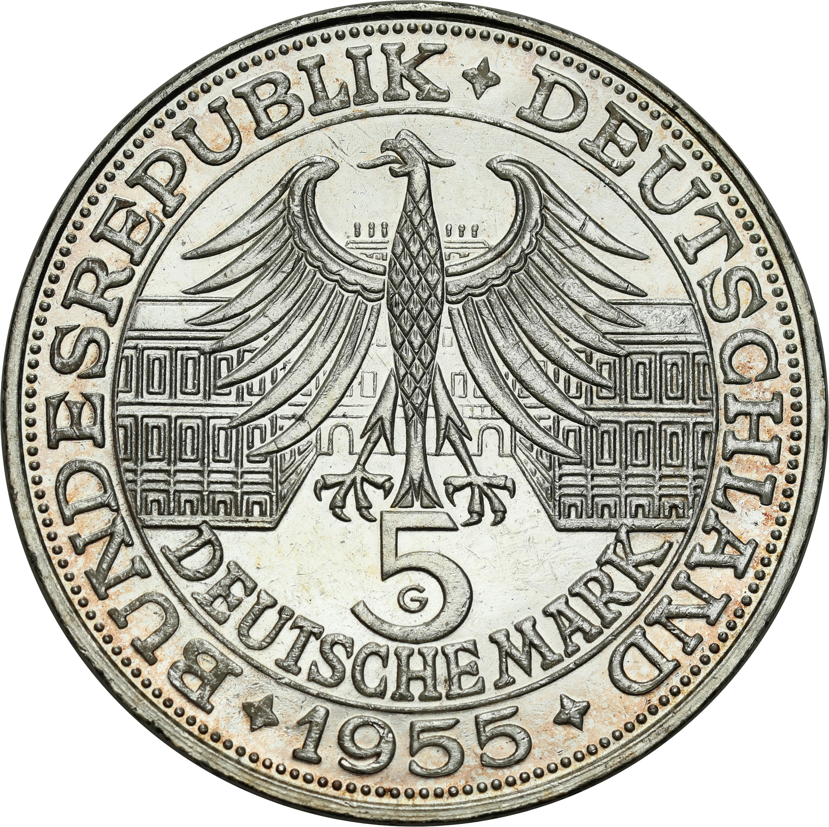 Niemcy, RFN. 5 marek 1955 G, Karlsruhe, 400. Rocznica urodzin Ludwika Wilhelma – RZADKIE