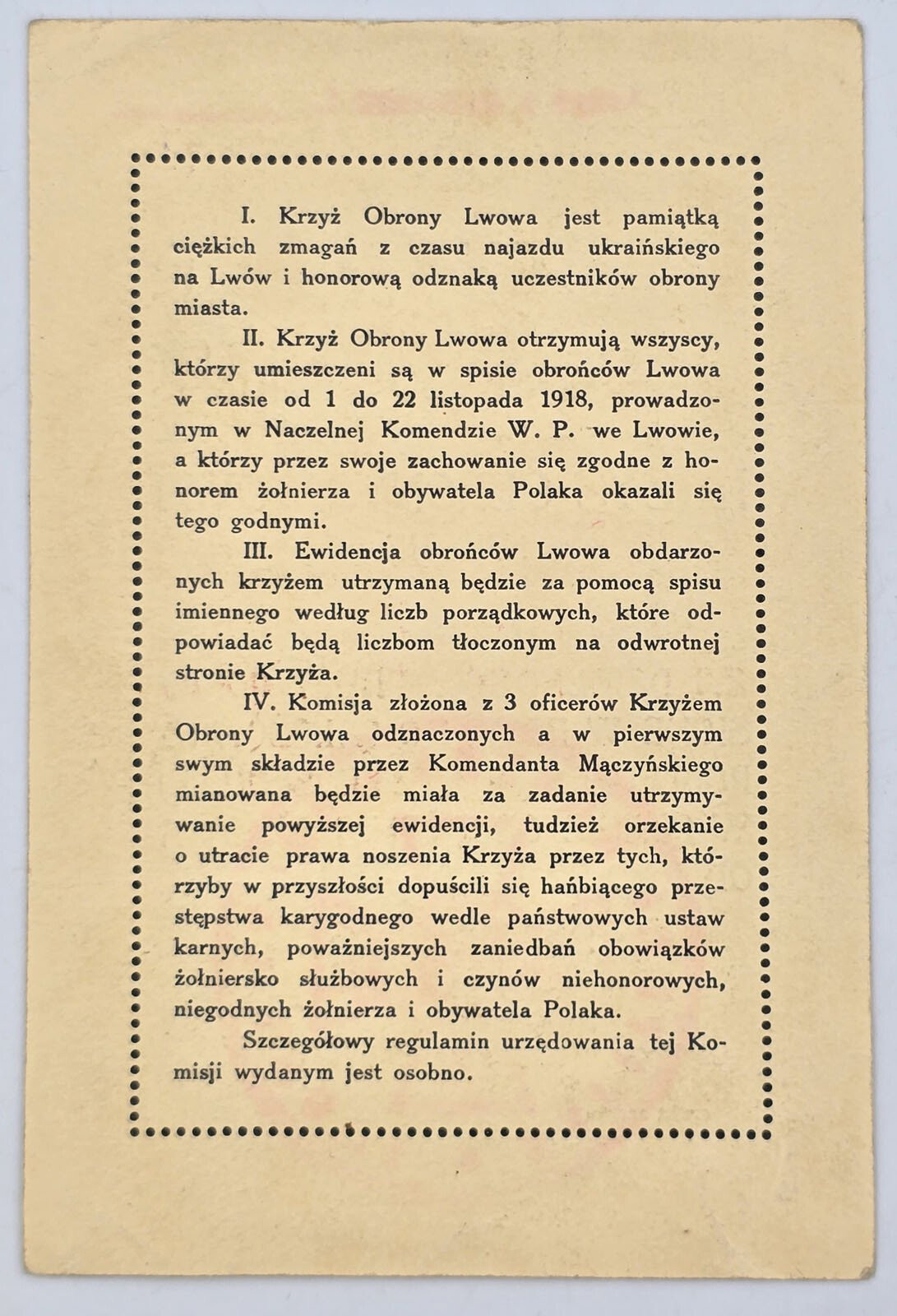 II RP. Dyplom Krzyż Obrony Lwowa z Mieczami