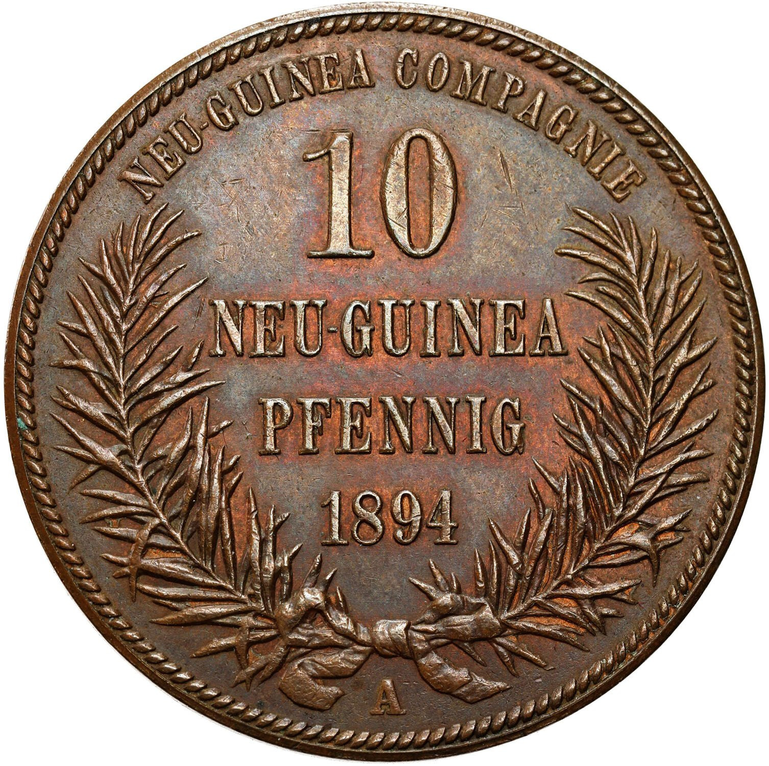 Niemcy/Nowa Gwinea (kolonia). Wilhelm II. 10 fenigów 1894 A, Berlin - RZADKIE