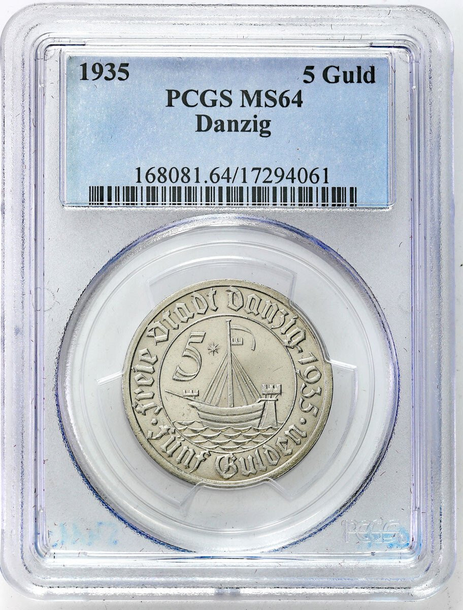 Wolne Miasto Gdańsk. 5 guldenów 1935 Koga PCGS MS64 – WYŚMIENITE