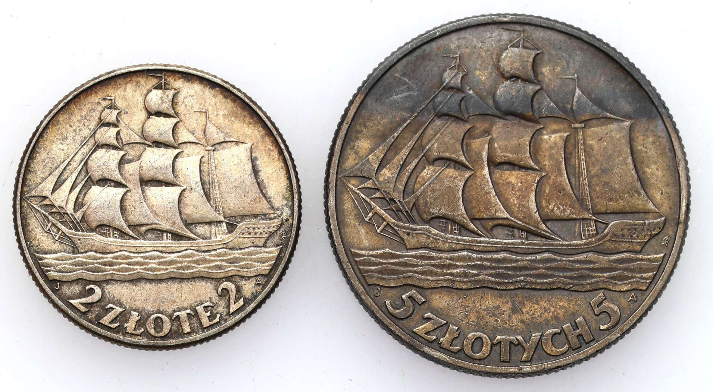 II RP. 2 i 5 złotych żaglowiec, zestaw 2 monet