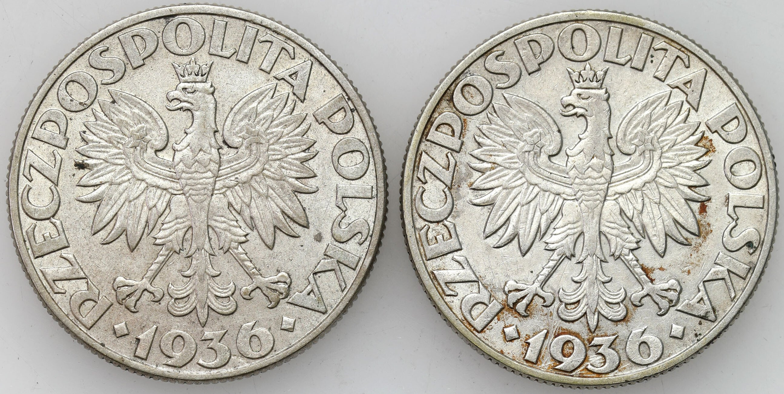 II RP. 5 złotych 1936 Żaglowiec, zestaw 2 sztuk