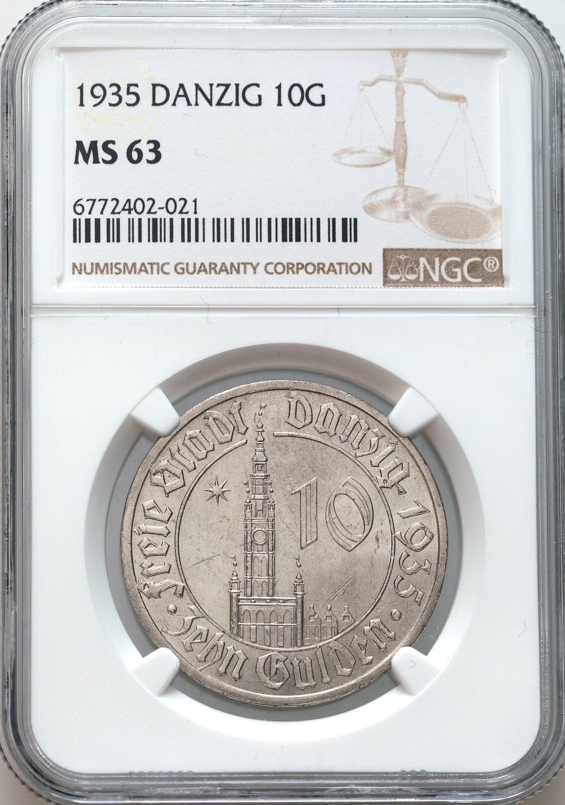 Wolne Miasto Gdańsk / Danzig. 10 Guldenów 1935 Ratusz NGC MS63 - RZADKIE