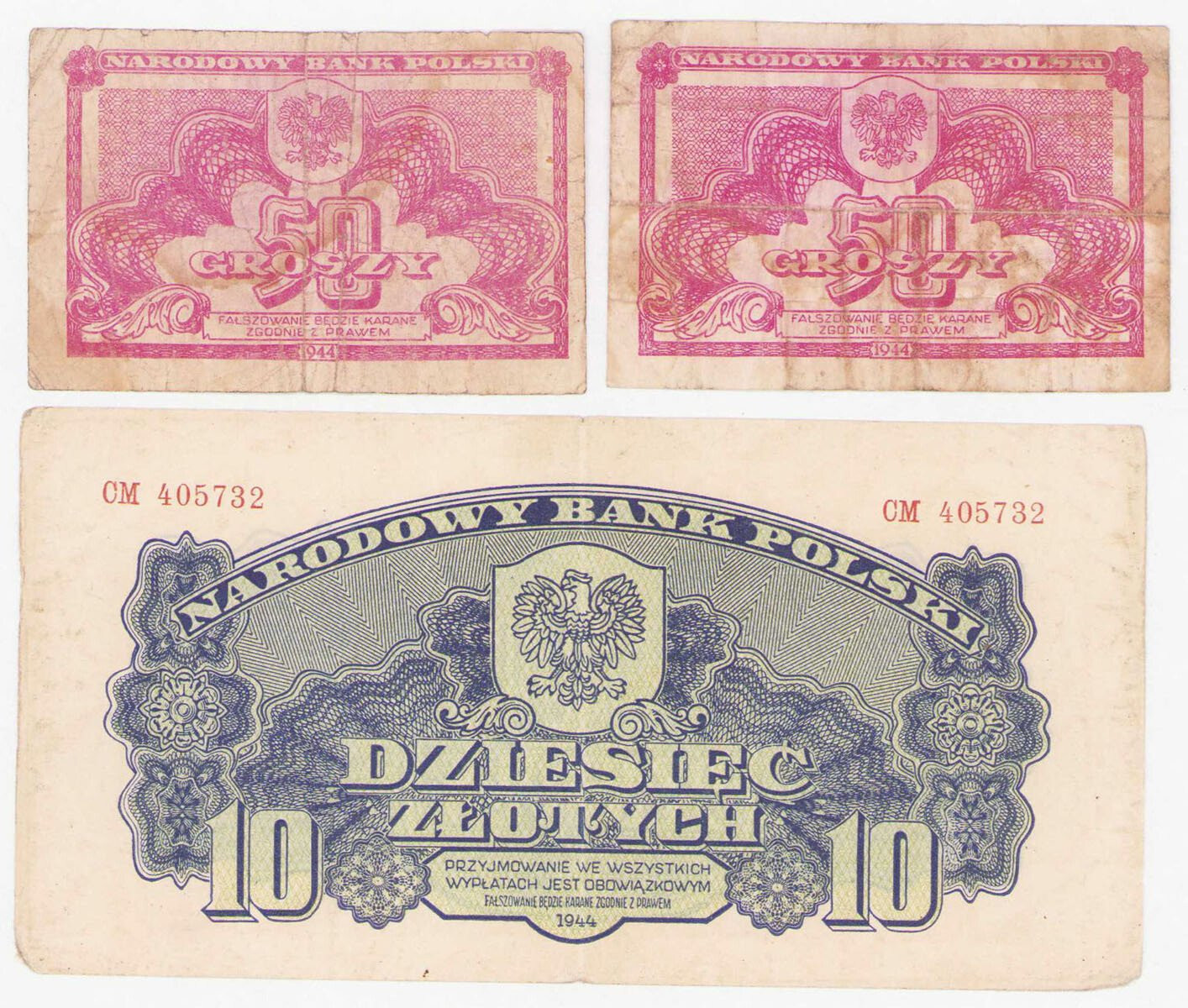 50 groszy i 10 złotych 1944, zestaw 3 sztuk