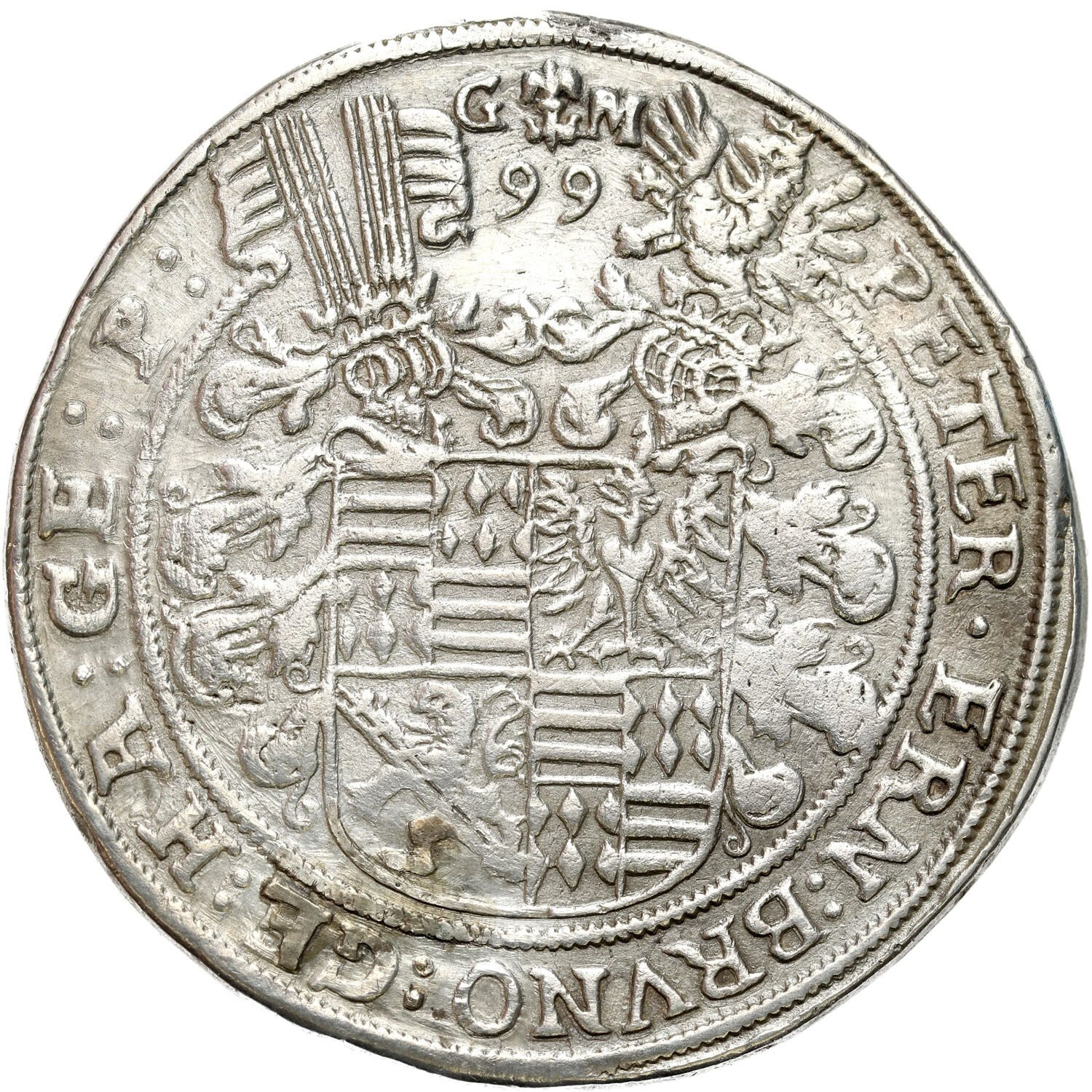 Niemcy, Mansfeld. Piotr Ernest I, Bruno II, Gebhard VIII, Jan Jerzy IV (1587–1601). Talar 1599 GM, Einsleben