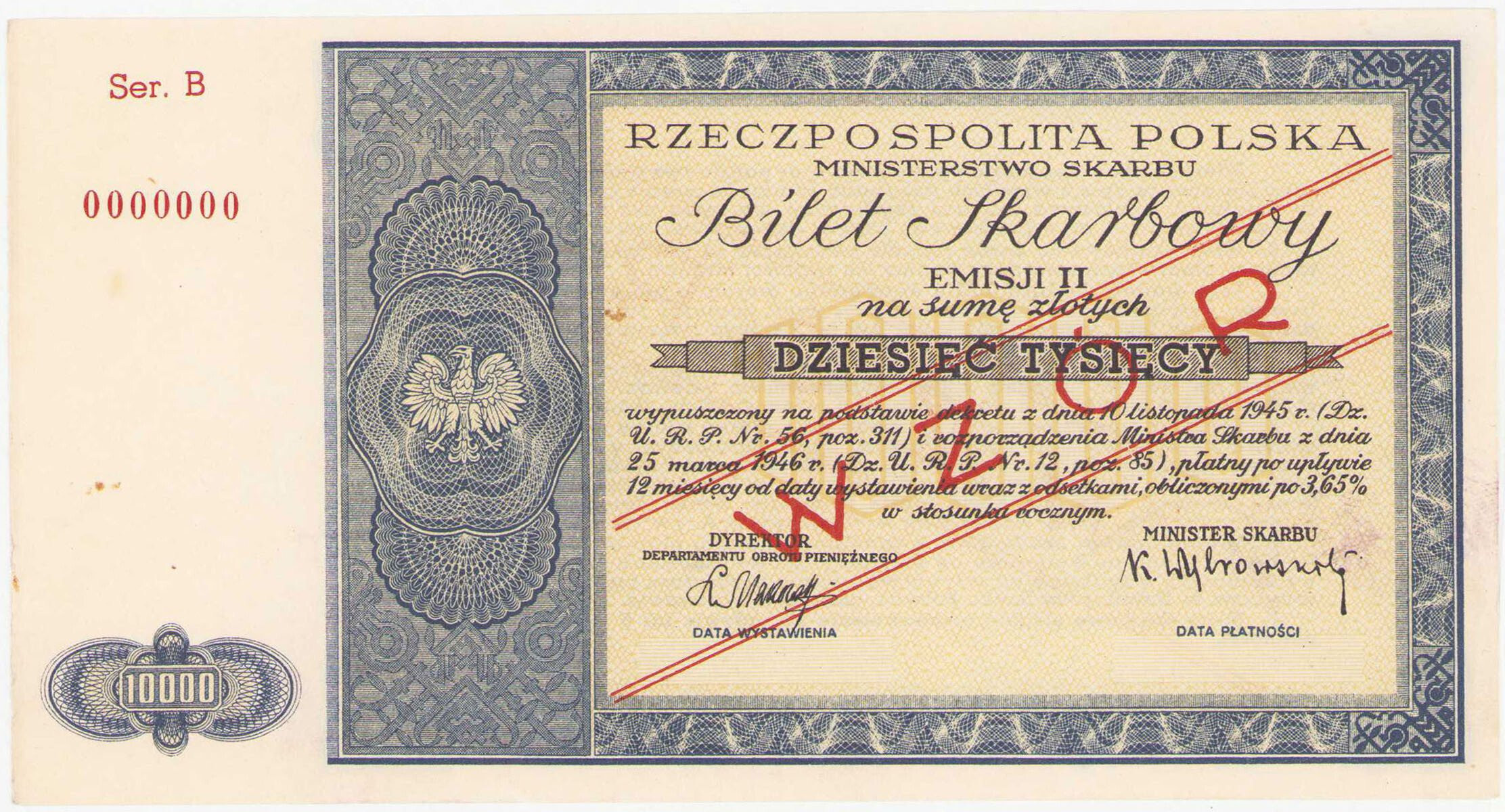 Bilet Skarbowy. WZÓR 10.000 złotych emisja 1946 seria B – RZADKOŚĆ R8