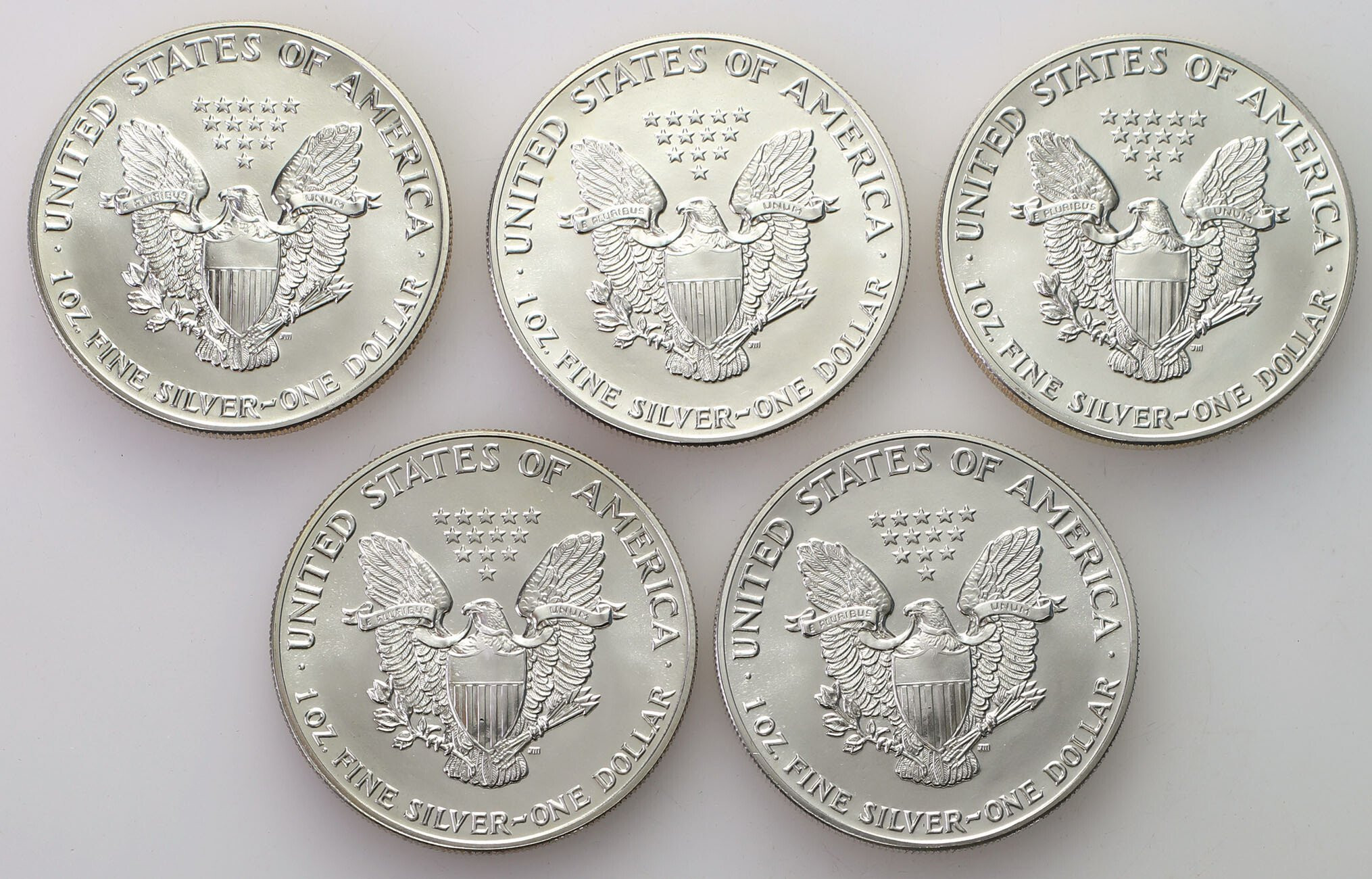 USA. 1 dolar 1988 Amerykański Srebrny Orzeł, zestaw 5 sztuk