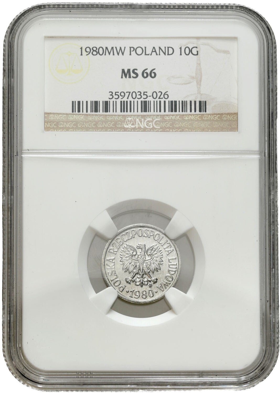 PRL. 10 groszy 1980 aluminium NGC MS66 (2 MAX)