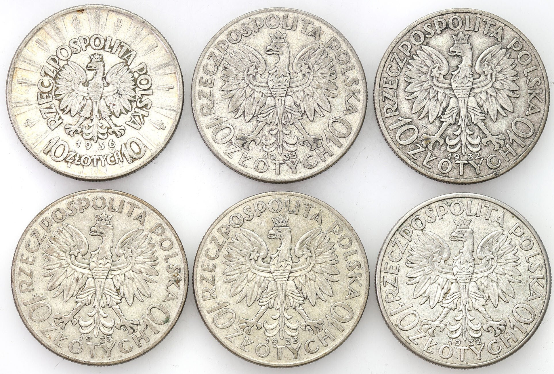 II RP. 10 złotych 1932-1936, Głowa Kobiety, Piłsudski, zestaw 6 sztuk