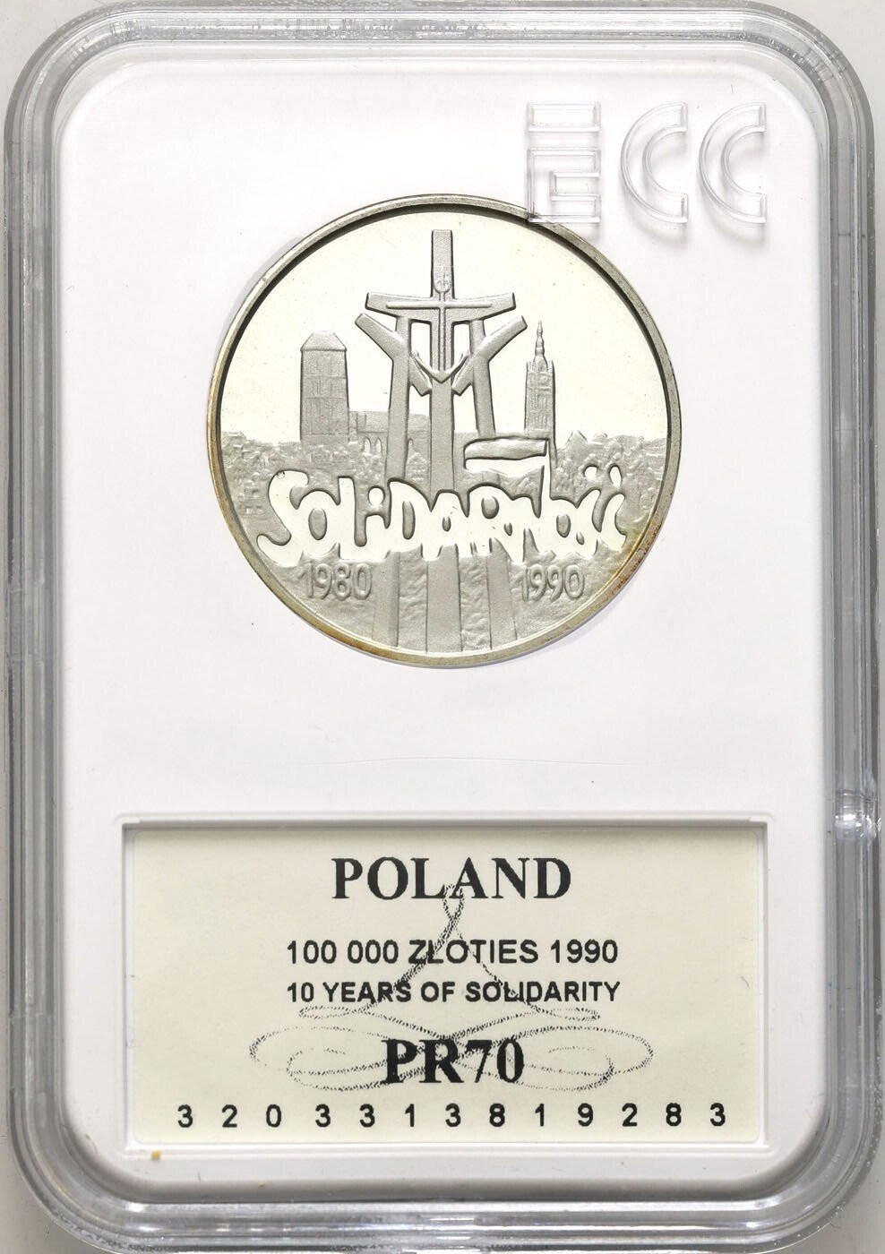 III RP. 100.000 złotych 1990 Solidarność gruba 32 mm GCN PR70 - RZADKIE