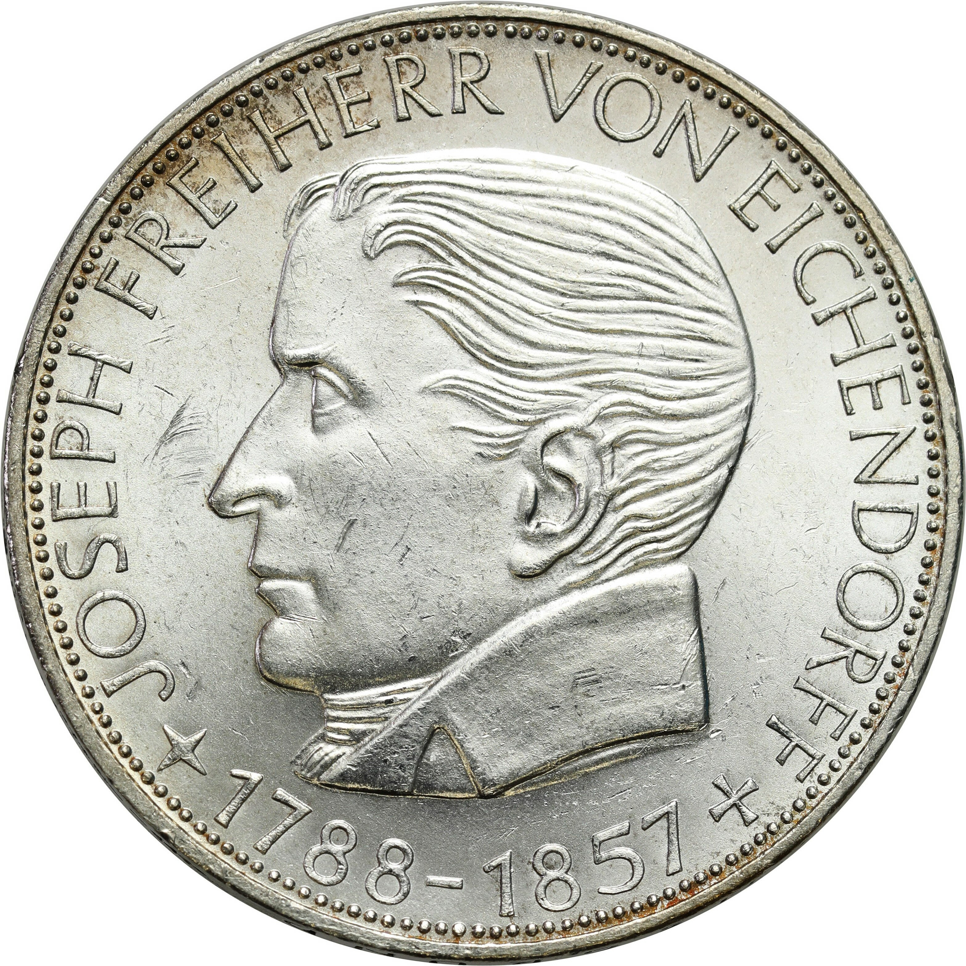 Niemcy, RFN. 5 marek 1957 J, Hamburg, 100. rocznica śmierci Józefa Freiherr von Eichendorff – RZADKIE