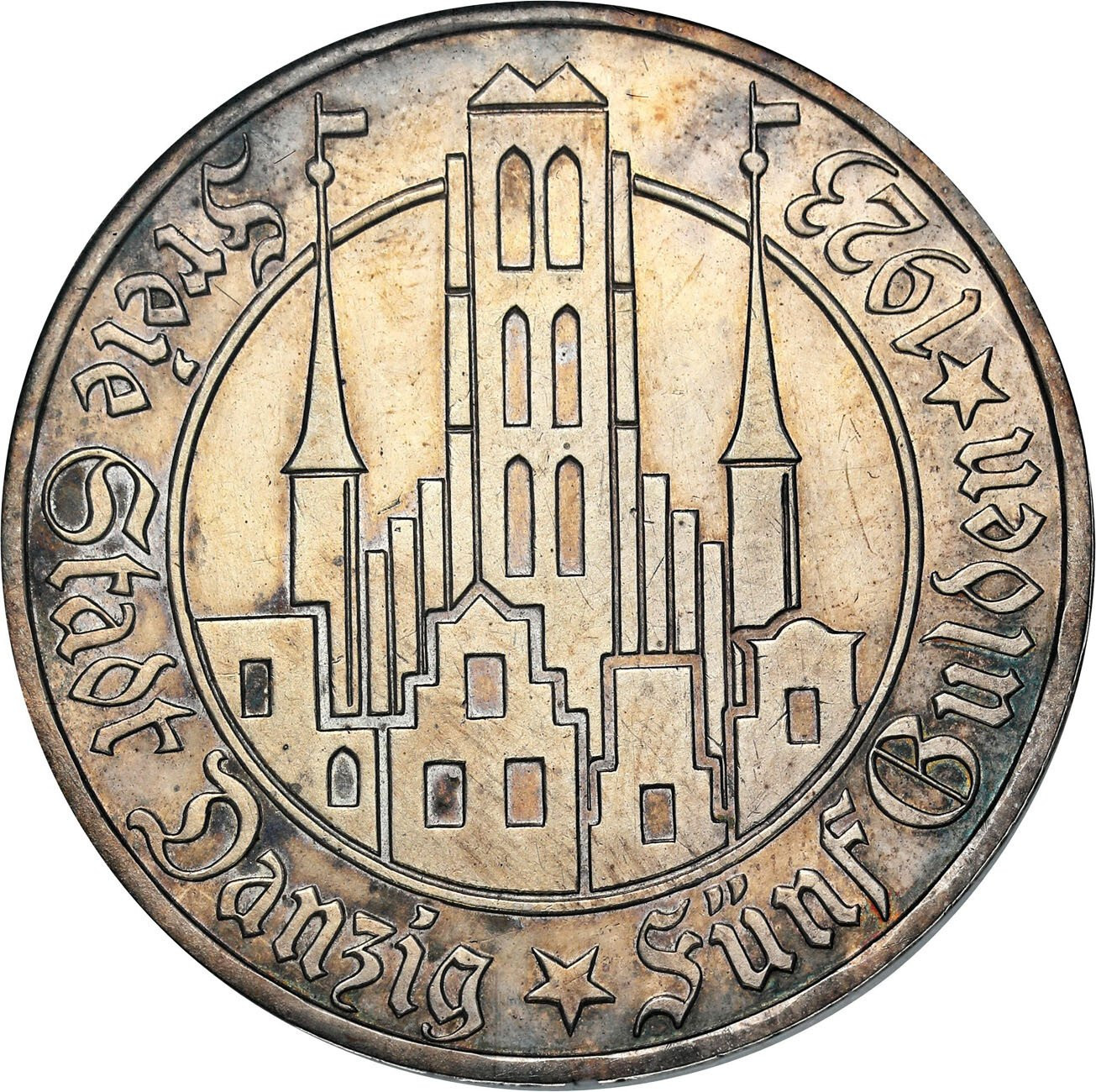 Wolne Miasto Gdańsk/Danzig. 5 Guldenów 1923 Kościół NMP, NGC PF61 - STEMPEL LUSTRZANY