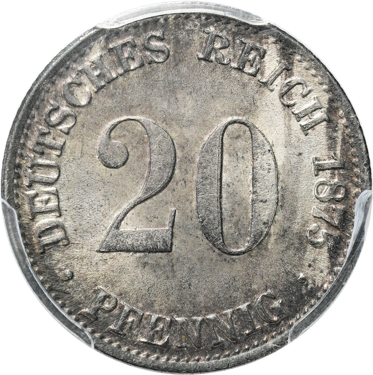 Cesarstwo Niemieckie. 20 fenigów 1875 C, Frankfurt PCGS MS65 (2 MAX) – PIĘKNY
