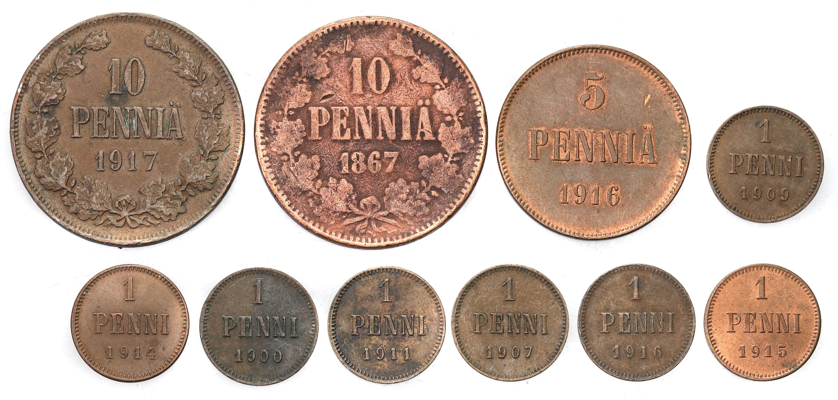 Rosja / Finlandia. 1 do 10 pennia 1867-1917 - zestaw 10 sztuk