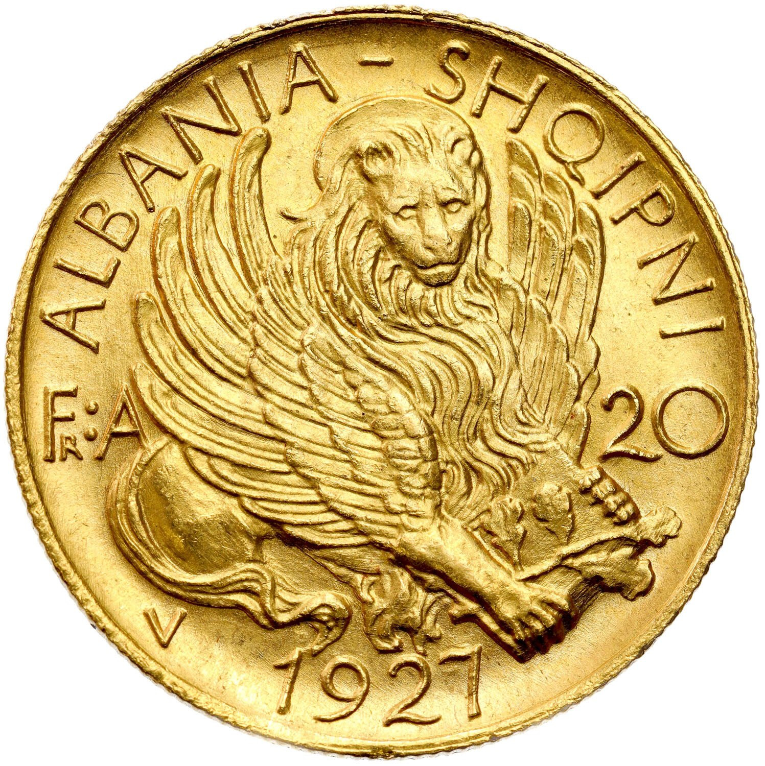 Albania. Amet Zogu (1925-1939). 20 franga ari 1927 V, G, Kastrioti Skanderberg - RZADKIE