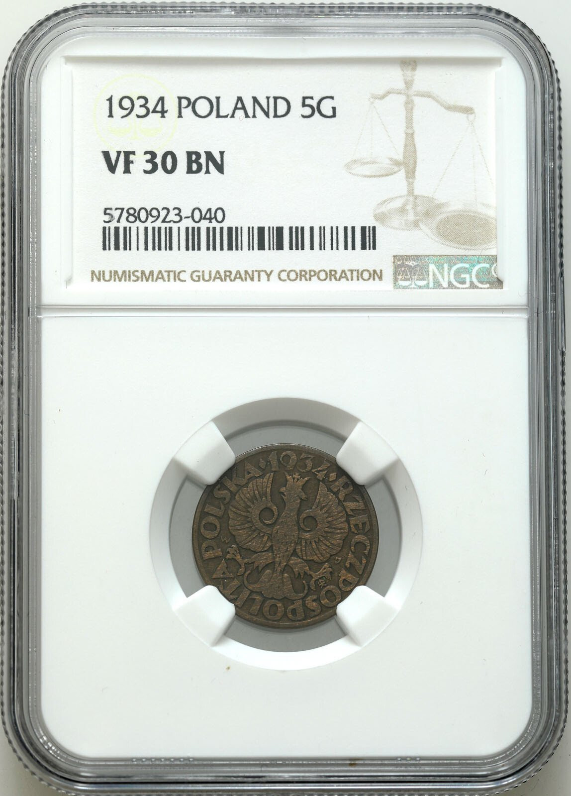 II RP. 5 groszy 1934 NGC VF30 - NAJRZADSZY ROCZNIK