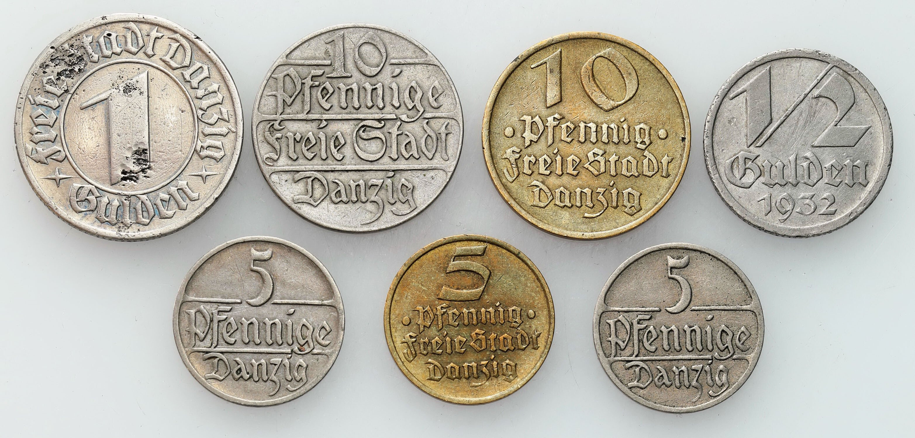 Wolne Miasto Gdańsk/Danzig. 5-10 fenigów, 1/2-1 guldena 1923-1932, zestaw 7 sztuk