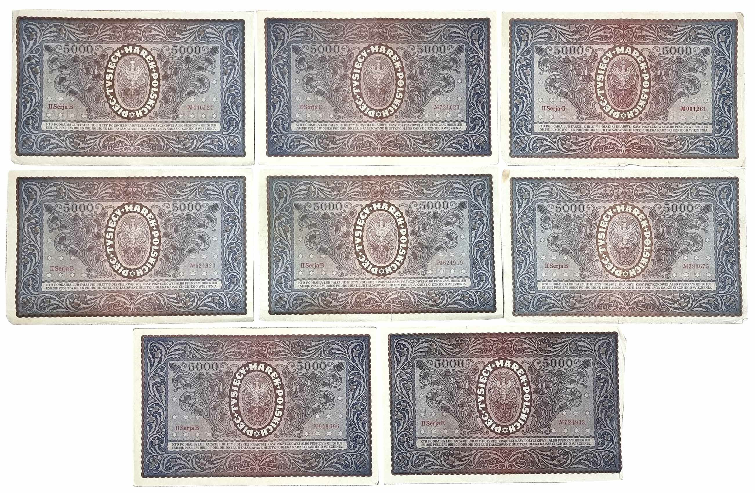 5.000 marek polskich 1920, różne serie, zestaw 8 banknotów