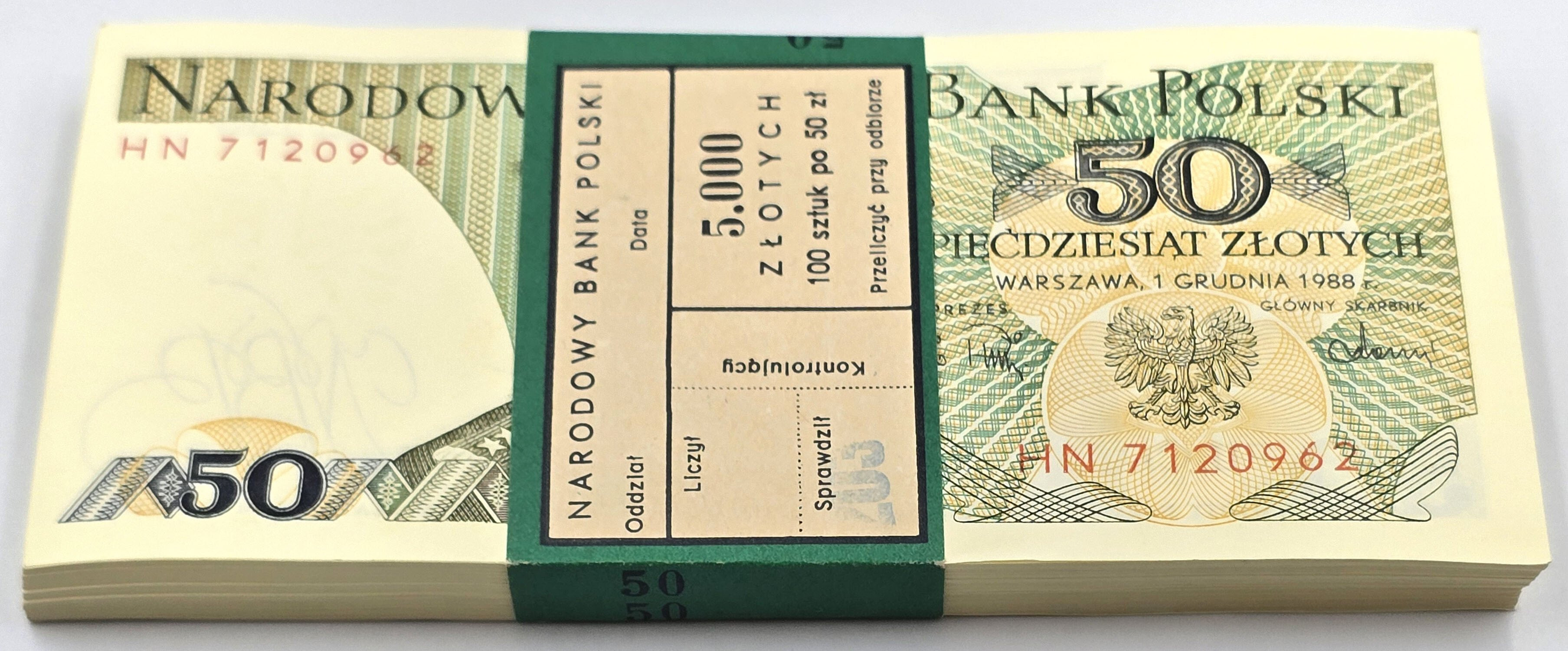 PRL. 50 złotych 1982 seria HN, zestaw 100 sztuk - PACZKA BANKOWA