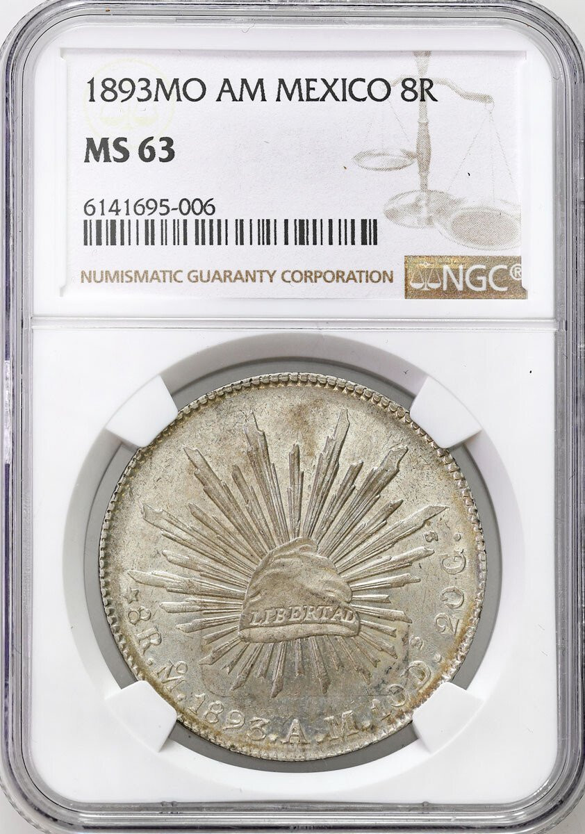 Meksyk. 8 reali 1893 Mo AM, Meksyk NGC MS63 - PIĘKNE