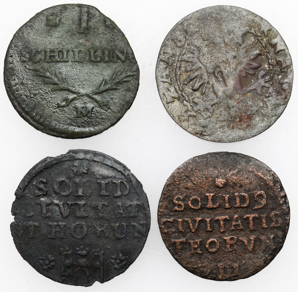 Michał Korybut, szeląg 1671, Toruń, August III Sas, szeląg 1760, Toruń, szeląg 1812, Gdańsk, zestaw 4 monet