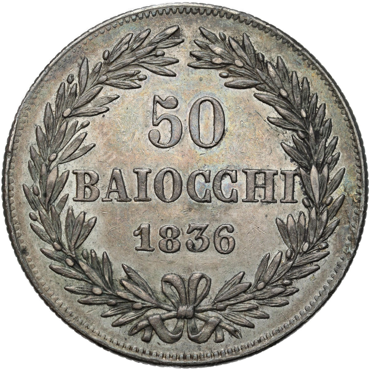 Włochy, Watykan. Gregorio XVI (1831–1846). 50 baiocchi, 1836 R, Rzym