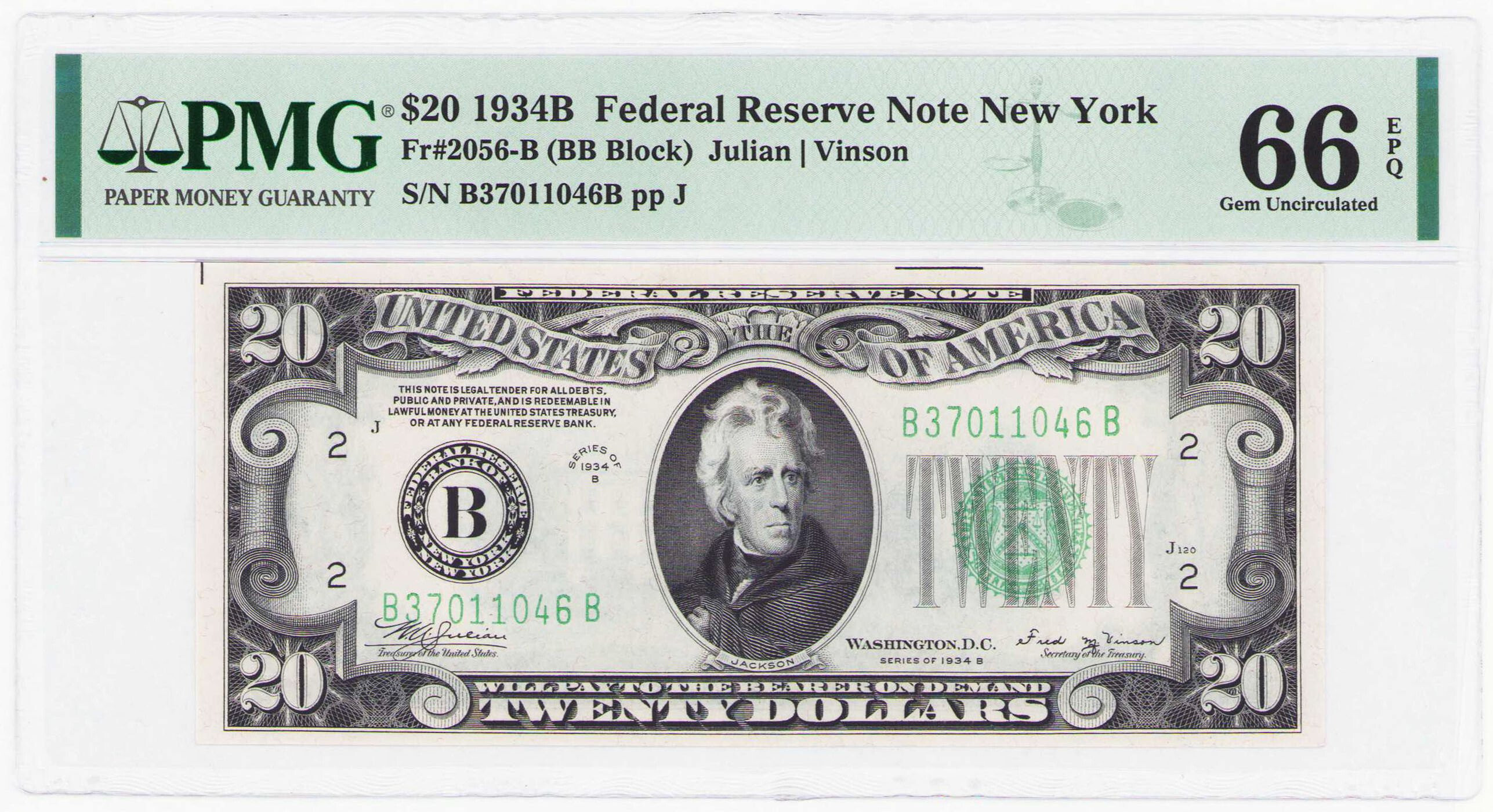 USA, Federal Reserve Note New York. 20 dolarów 1934B PMG 66 EPQ (2MAX) 