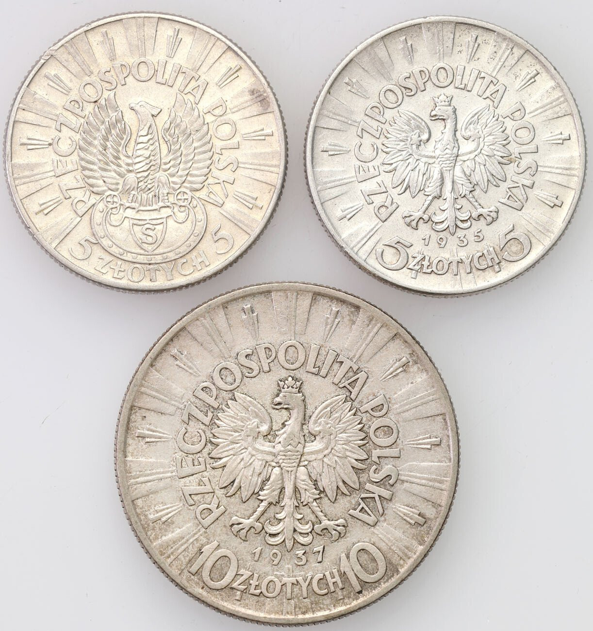 II RP. 5-10 złotych 1934-1934 Piłsudski i Piłsudski-Strzelecki, zestaw 3 sztuk