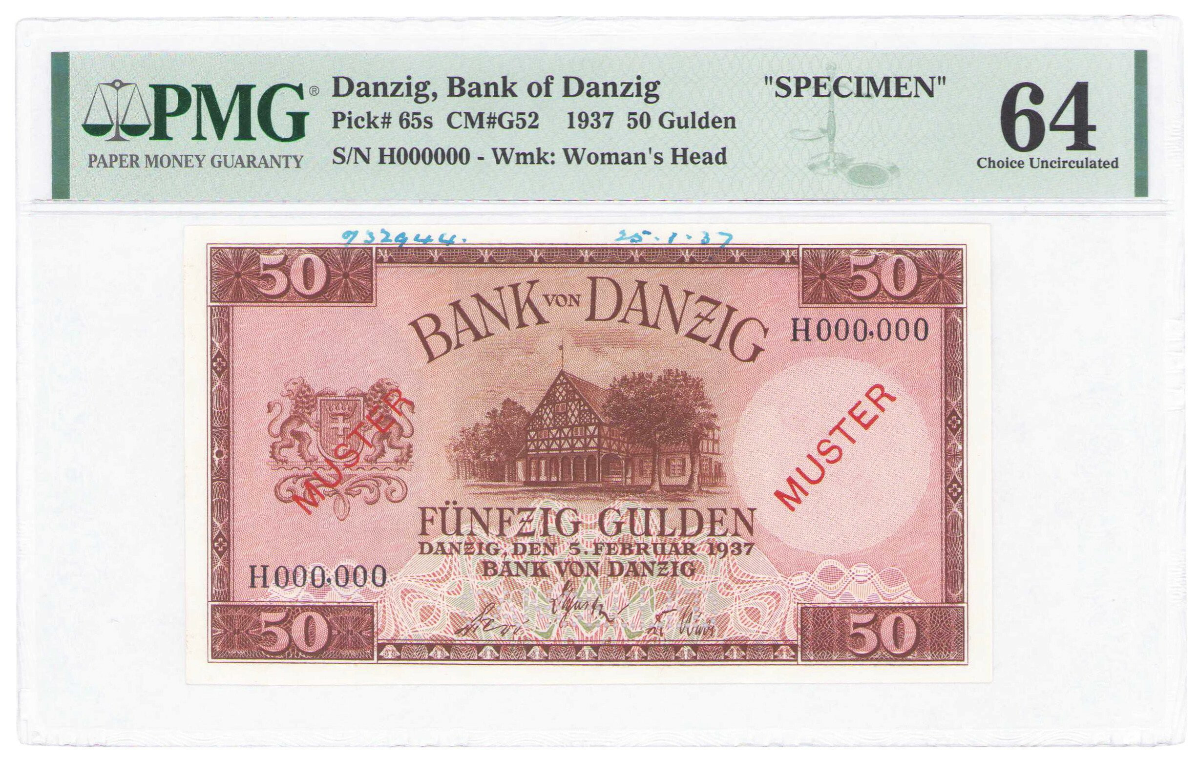 Wolne Miasto Gdańsk. MUSTER/SPECIMEN. 50 guldenów 1937 seria H, PMG 64