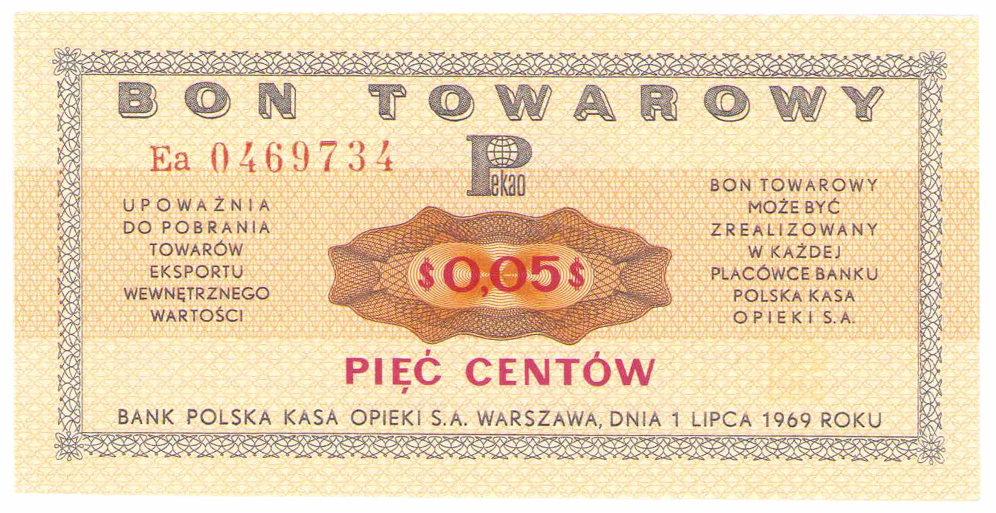 Bon towarowy PEKAO na 5 centów 1969 seria Ea – PIĘKNY