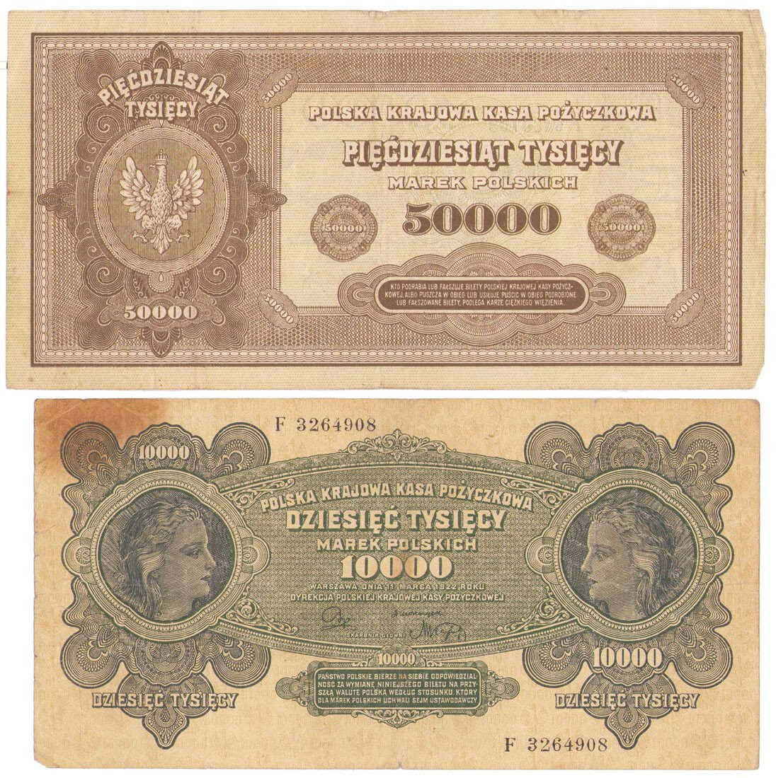 10.000 marek polskich 1922 seria F i 50.000 marek polskich seria F