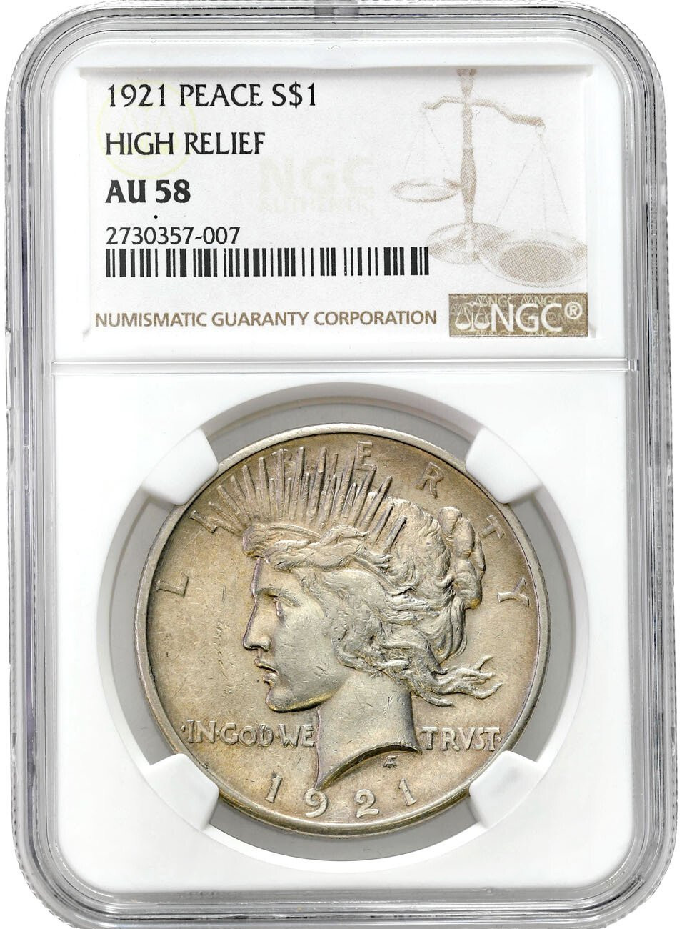 USA. 1 Dolar 1921, Peace, Filadelfia  NGC AU58 - Wysoki relief