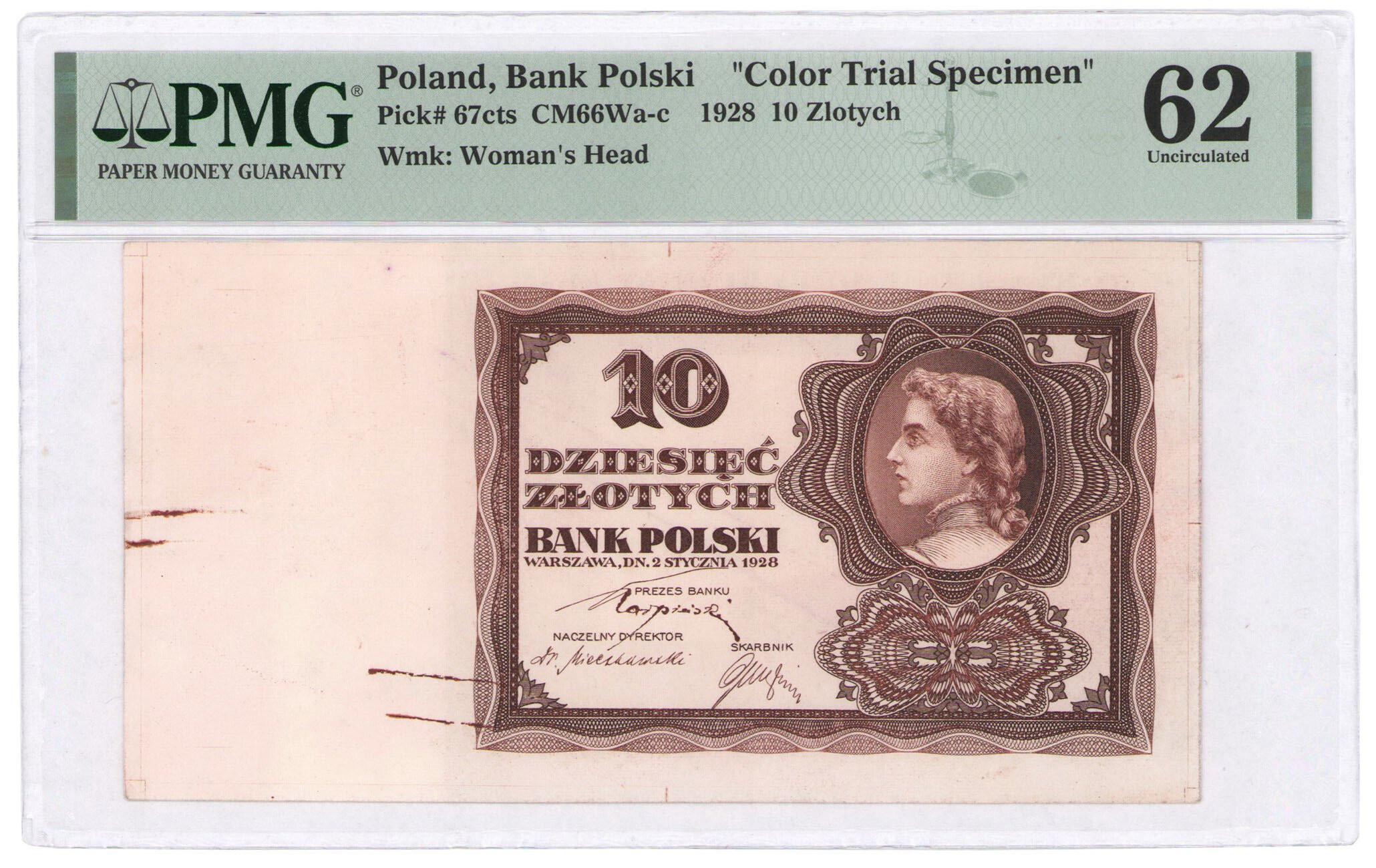 BRĄZOWA próba kolorystyczna 10 złotych 1928 PMG 62 - RZADKOŚĆ