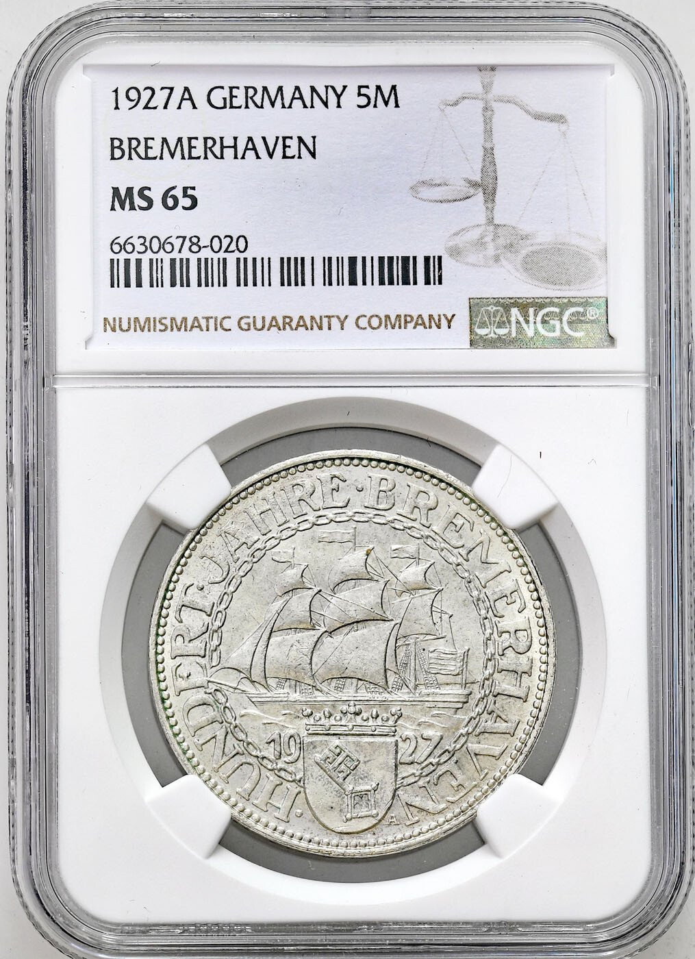 Niemcy, Weimar. 5 marek 1927 A, Berlin NGC MS65 - WYŚMIENITE