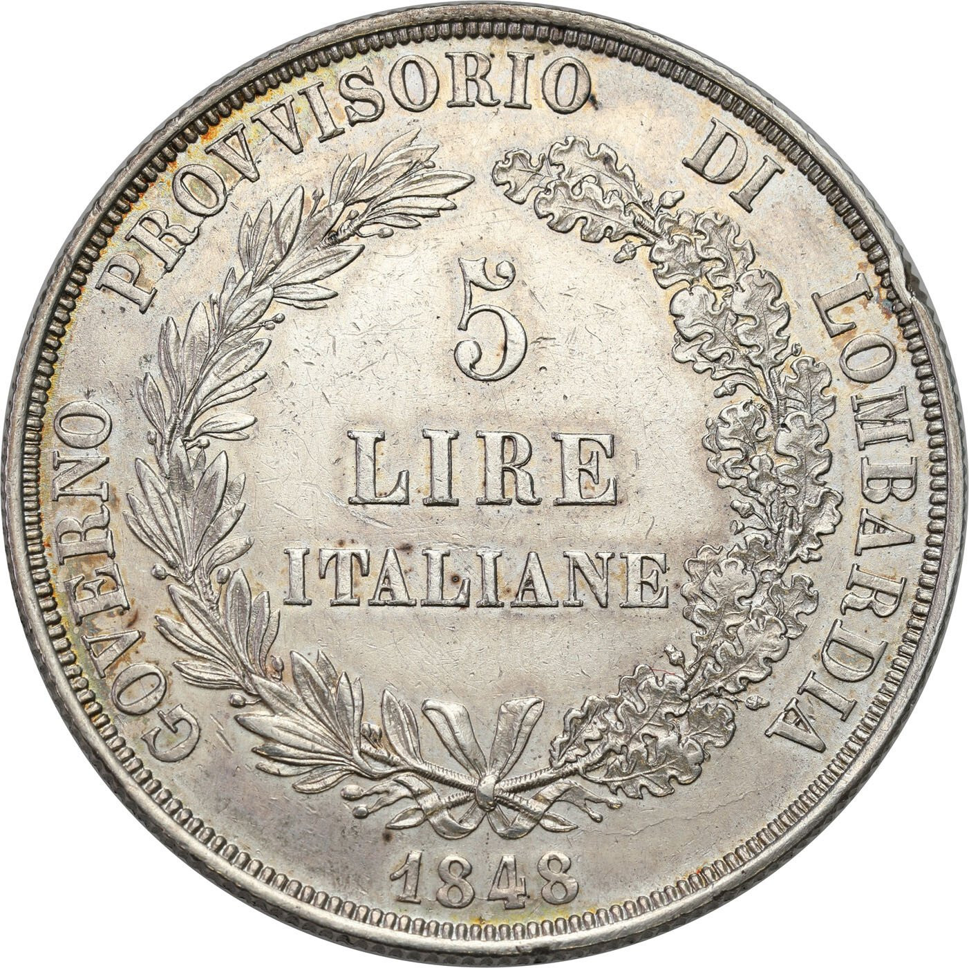 Włochy. Lombardia. 5 Lirów 1848 M, Mediolan